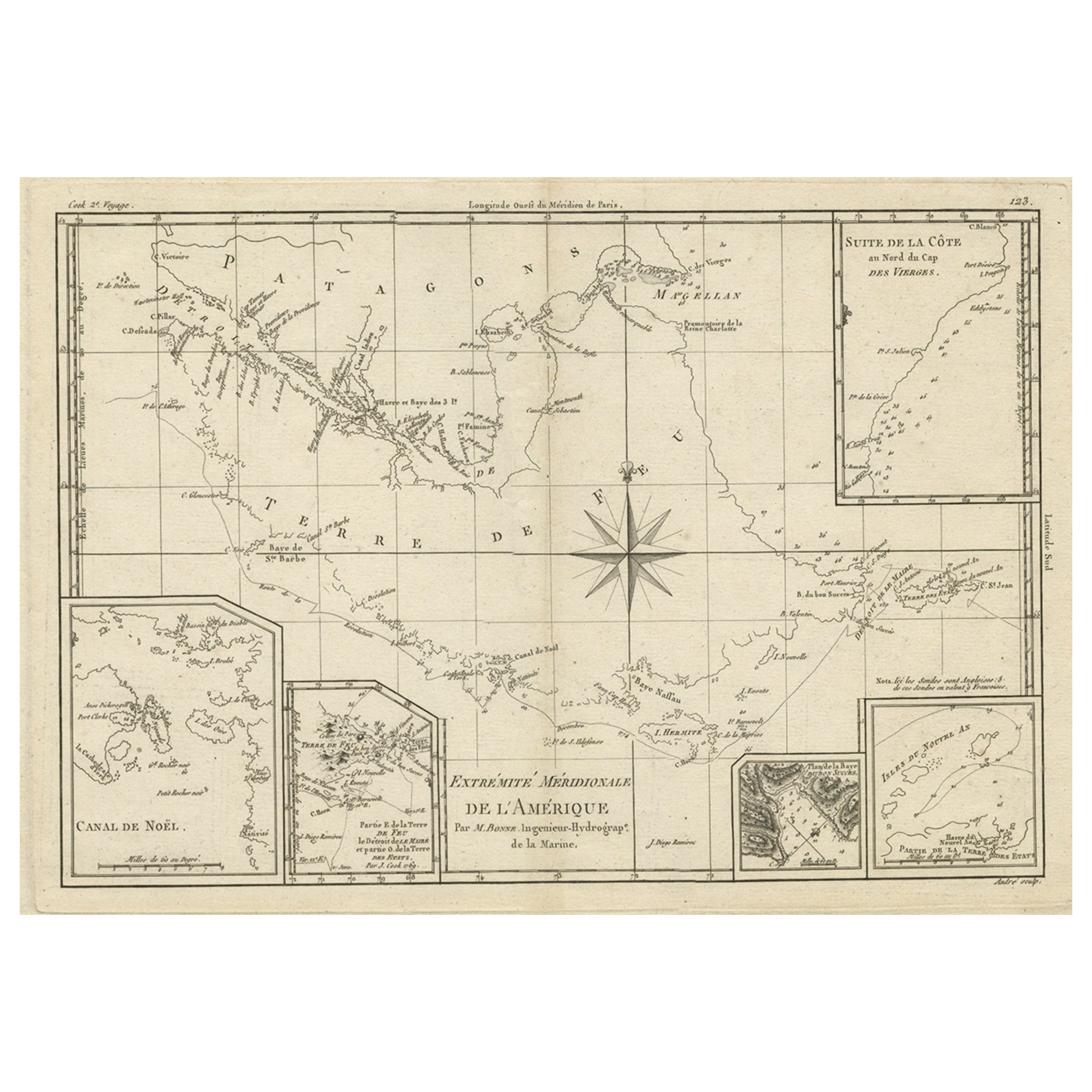 Carte gravée en cuivre de Tierra del Fuego et de la côte de Magellan, vers 1780