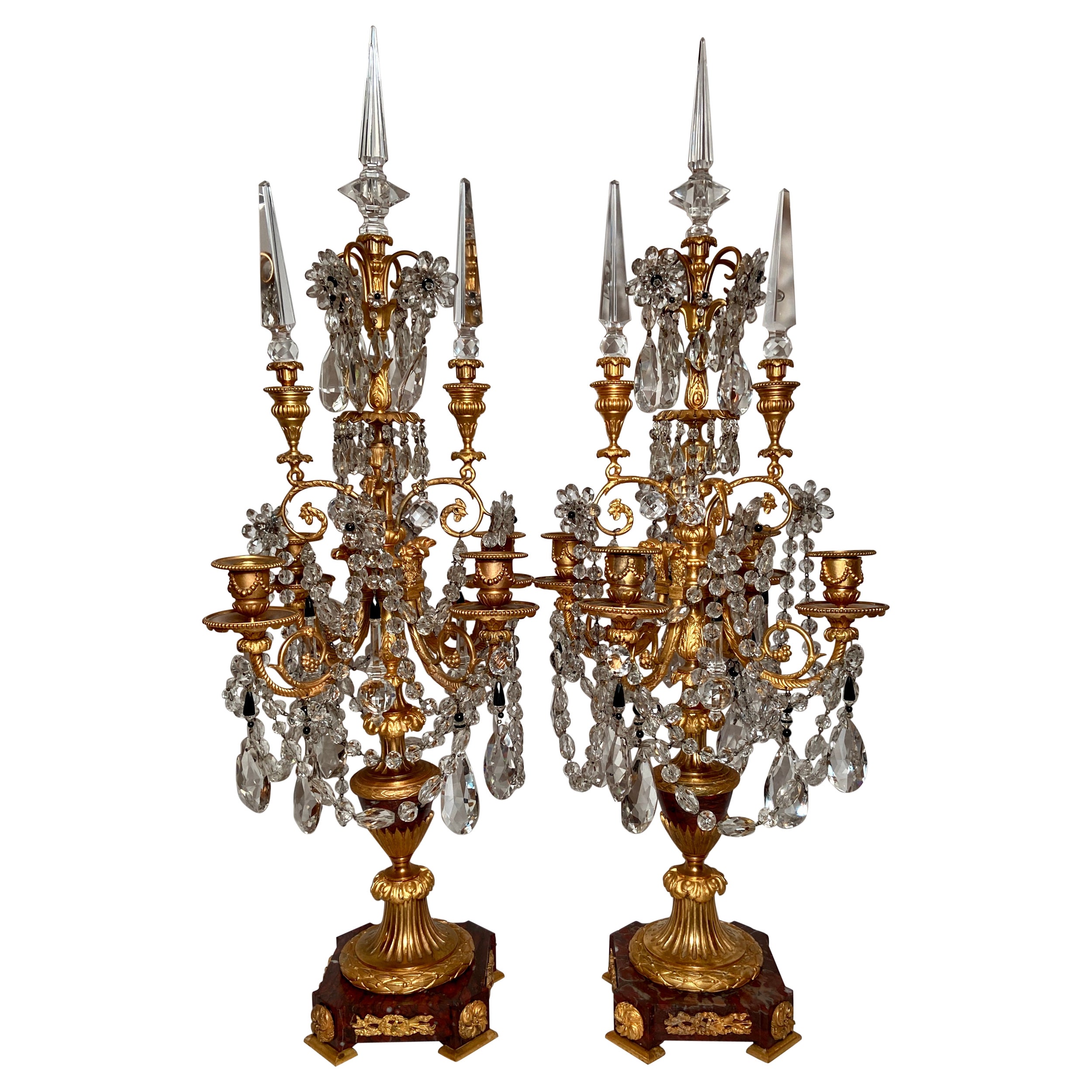 Pair Antique French Baccarat Crystal and Bronze D'ore Marble Base Candelabra