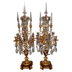 Pair Antique French Baccarat Crystal and Bronze D'ore Marble Base Candelabra