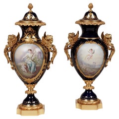 Antique Pair of 19th Century 'Sèvres' Beau Bleu Painted Porcelain Vases