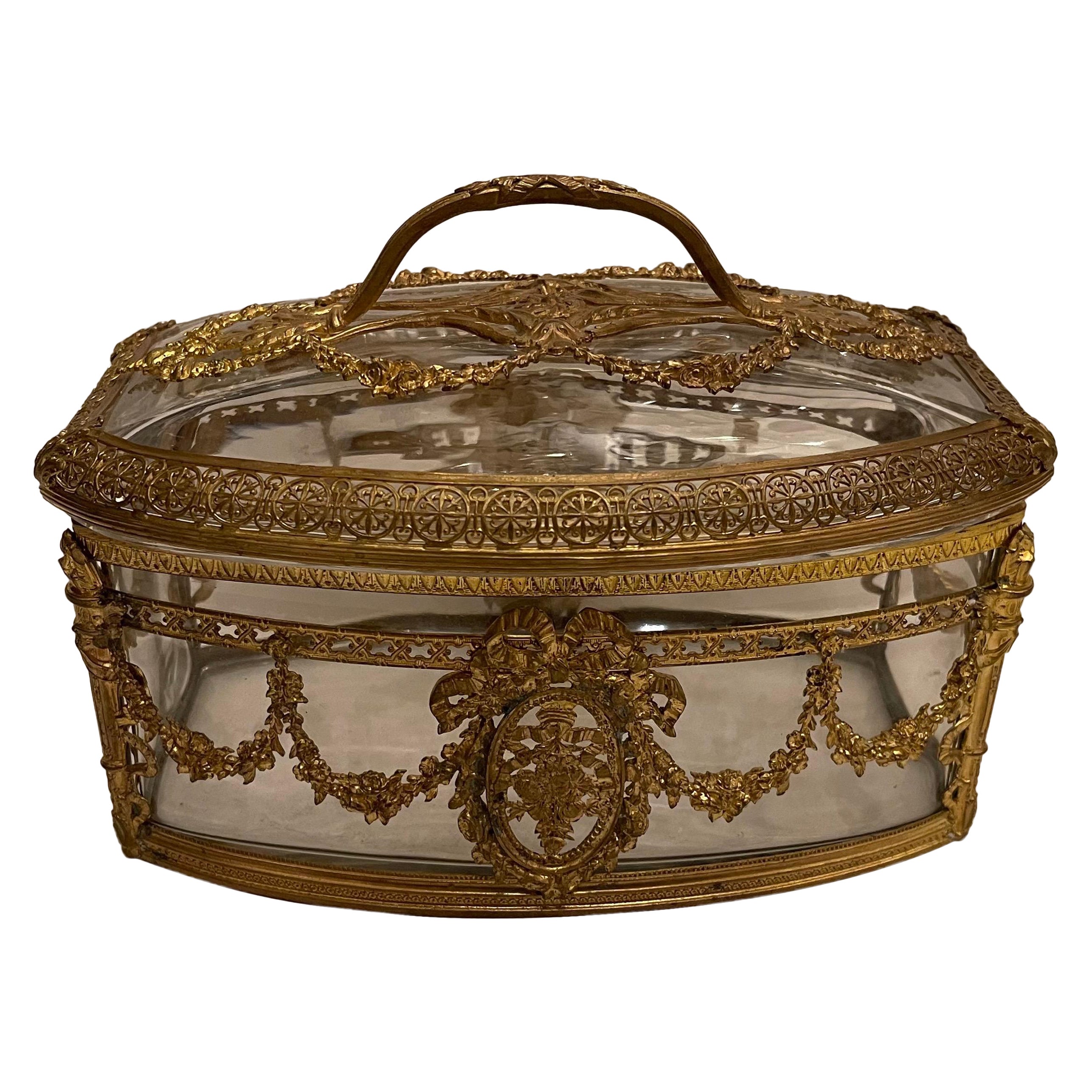 Wonderful French Napoleon III Ormolu Bronze Crystal Glass Casket Jewelry Box