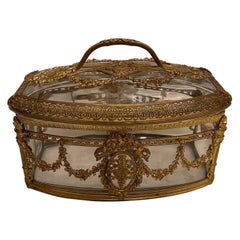 Antique Wonderful French Napoleon III Ormolu Bronze Crystal Glass Casket Jewelry Box
