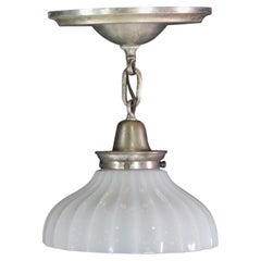 Fluted Milk Glass Semi-Flush Mount Pendant Light w/ Silver-Plated Brass Frame