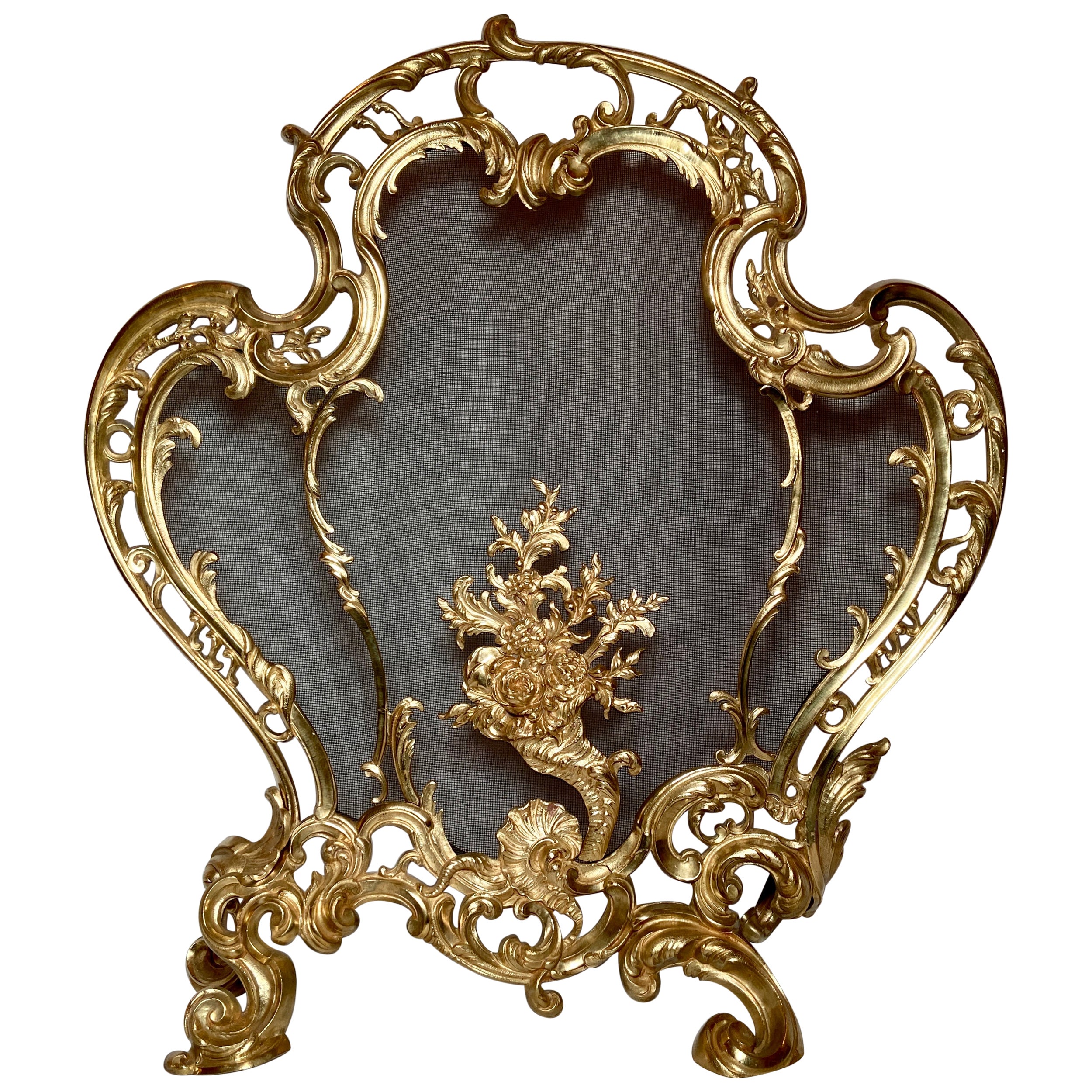 Antique French Louis XV Gold Bronze Fire Screen, Circa 1865-1875