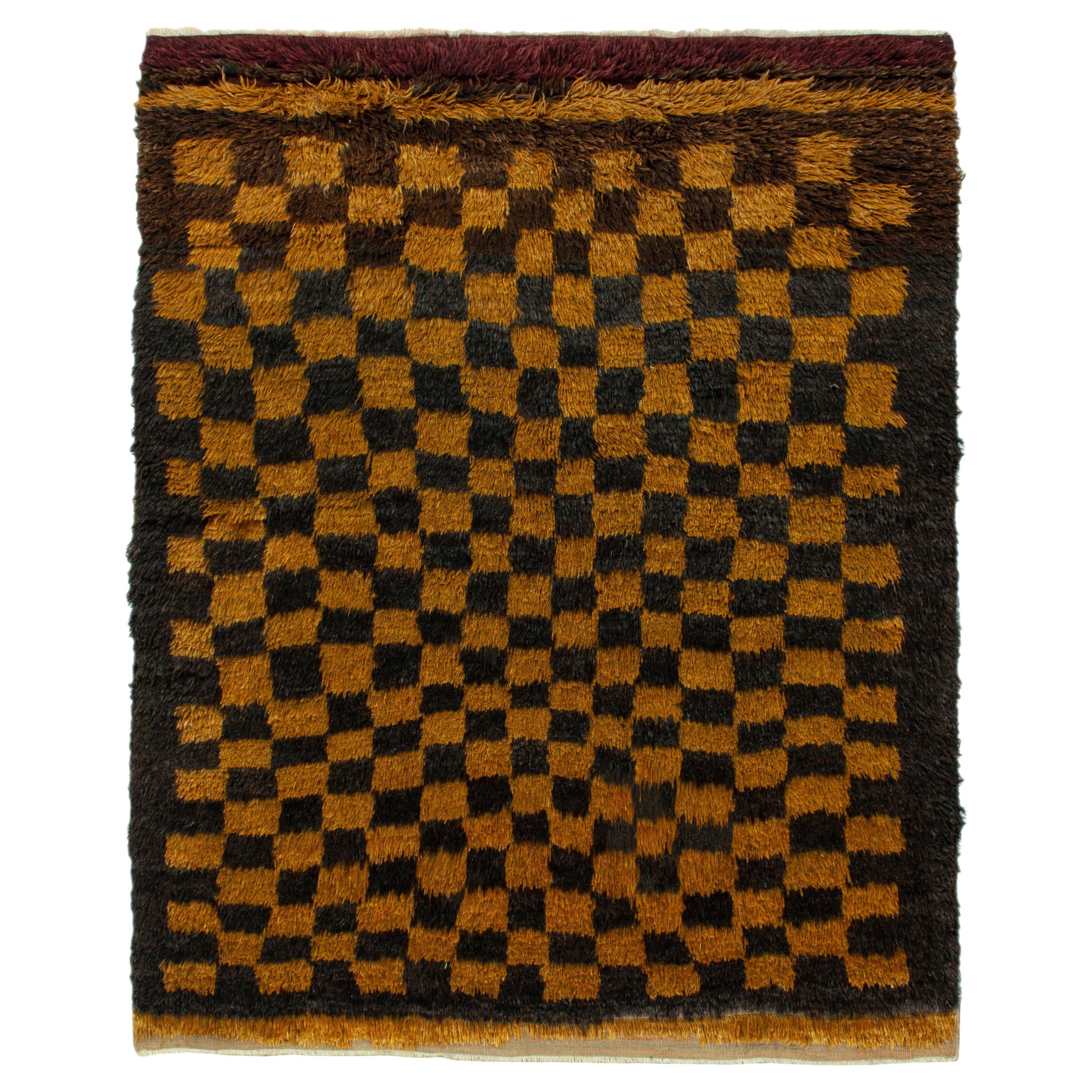 1950s Vintage Tulu Shag Rug in Black, Golden Chessboard Geometric by Rug & Kilim For Sale