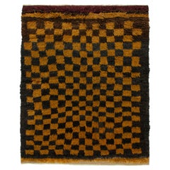 1950s Vintage Tulu Shag Rug in Black, Golden Chessboard Geometric by Rug & Kilim