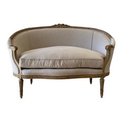 19th Century Giltwood and Painted French Louis XVI Style Settee in Organic Linen