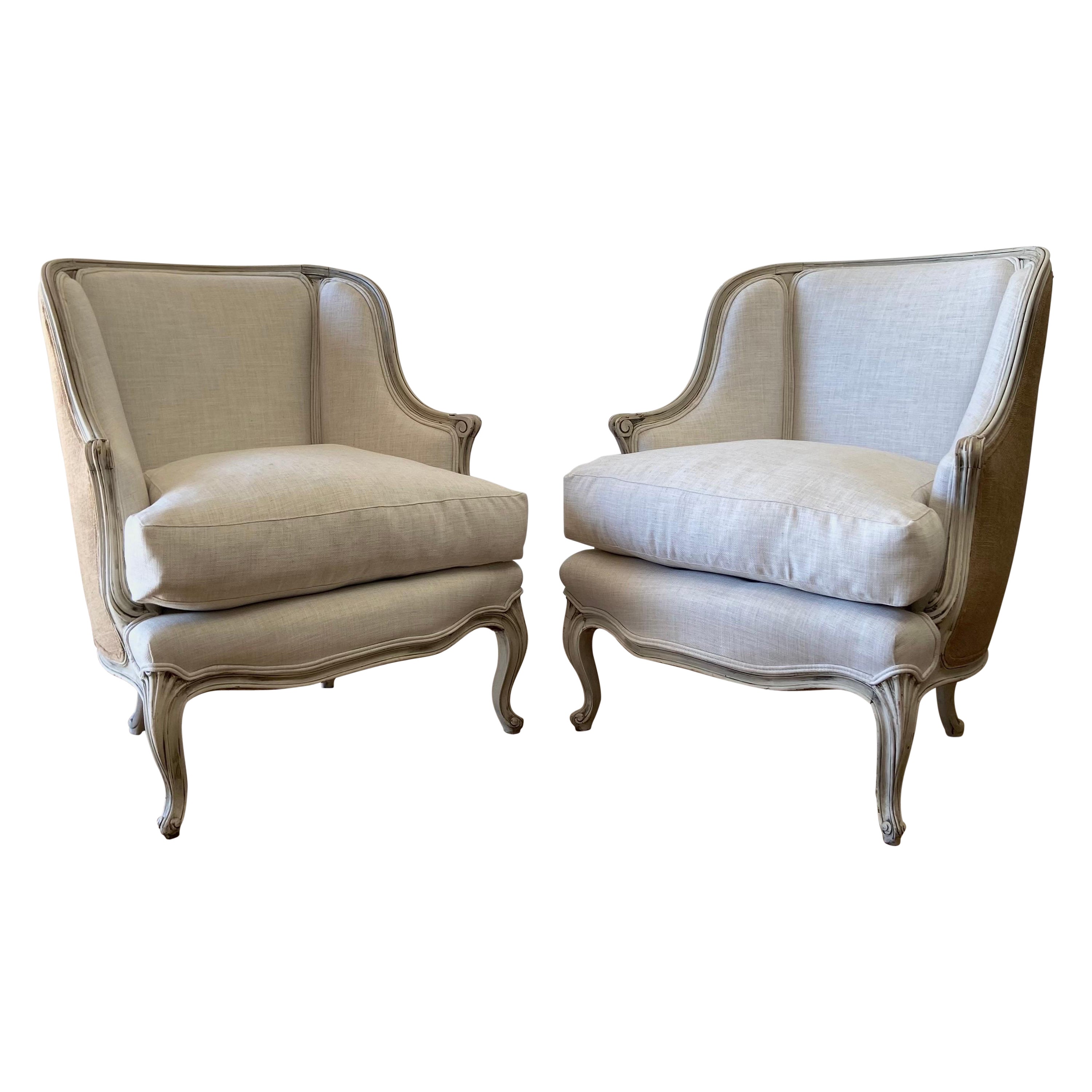 Pair of 20th Century French Louis XV Style Bergere Club Chairs