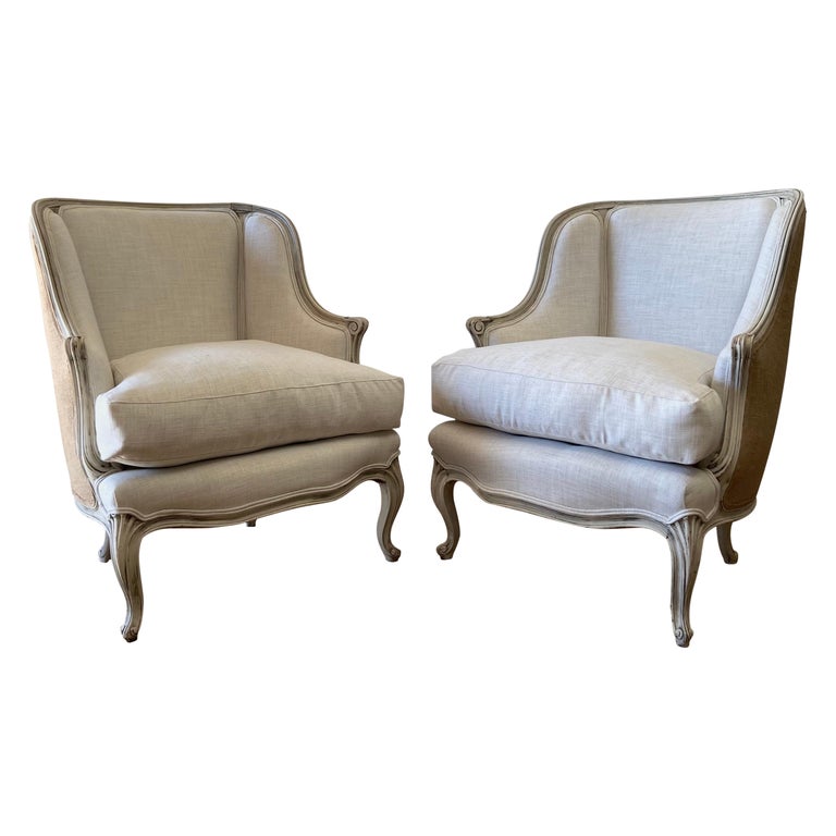 Pair of 20th Century French Louis XV Style Bergere Club Chairs at 1stDibs