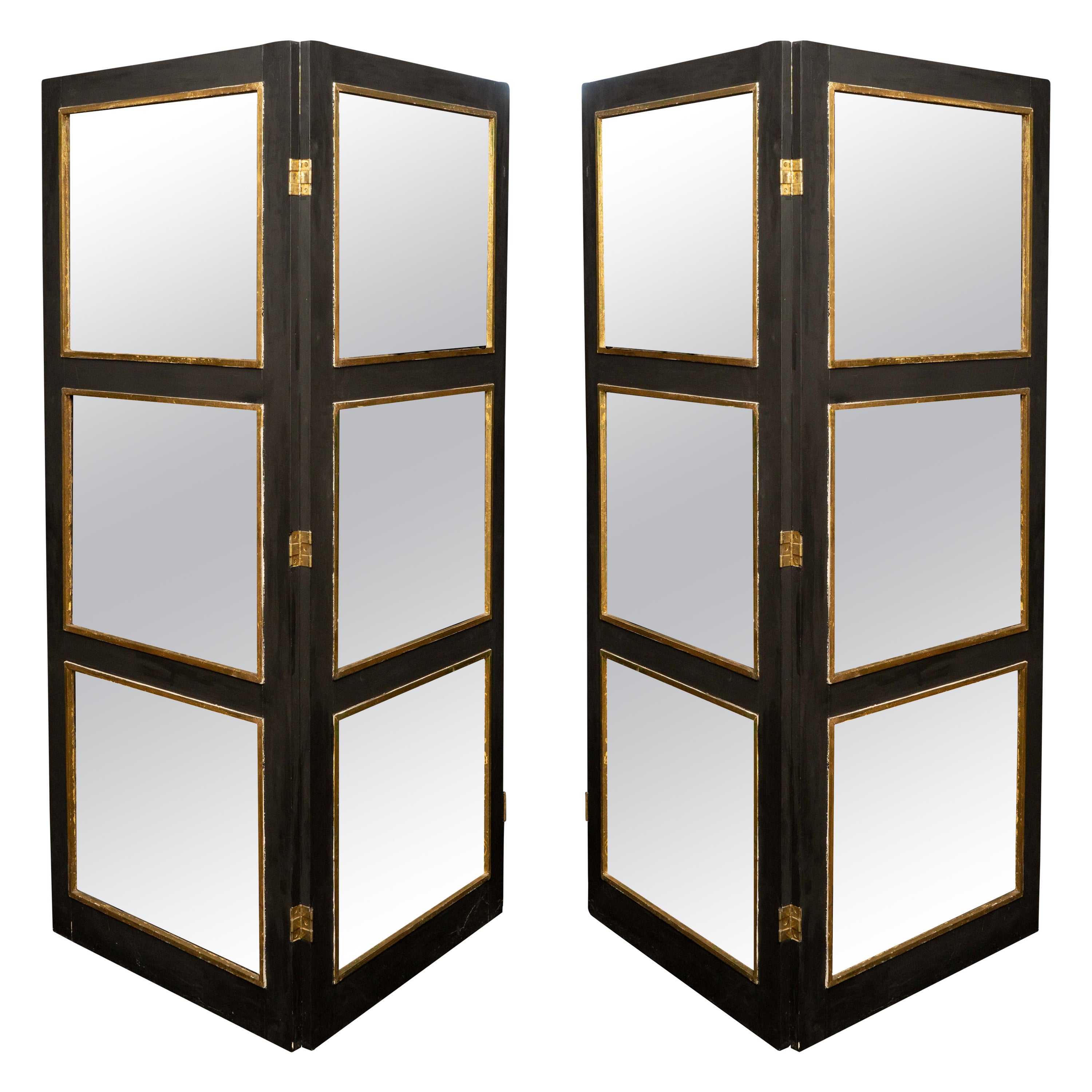 Pair of Large 1940's French Black and Gilt Screens 'Paravent' with Glass Panels For Sale