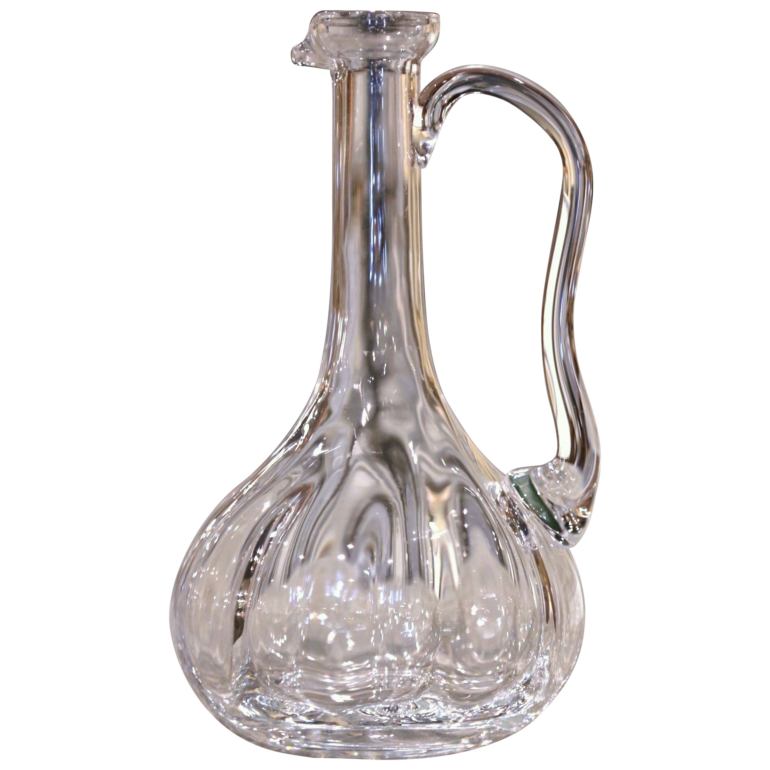Mid-Century French Cut Glass Wine Decanter Carafe with Handle