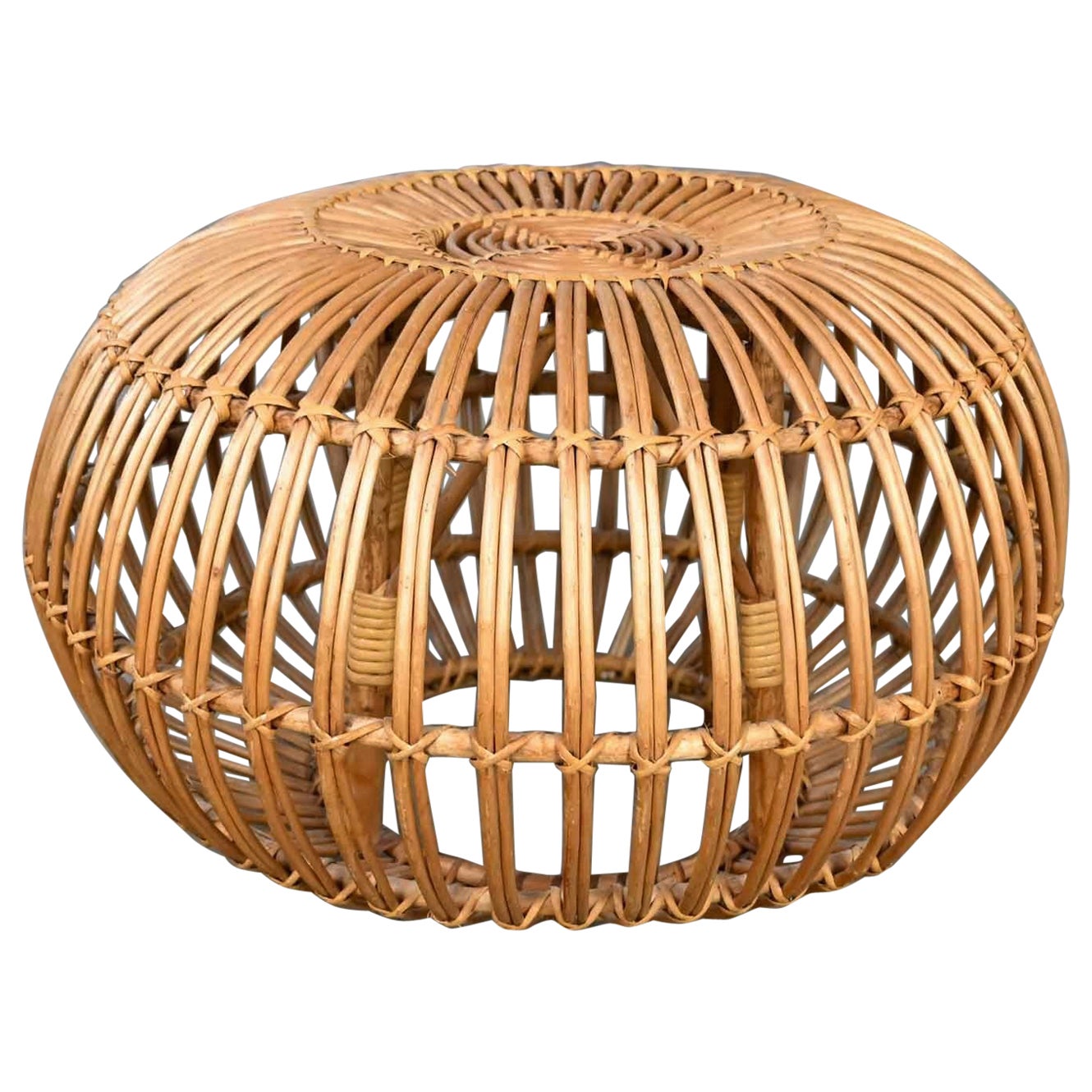 Mid-Century Modern Rattan Side Table Ottoman Pouf Attributed to Franco Albini