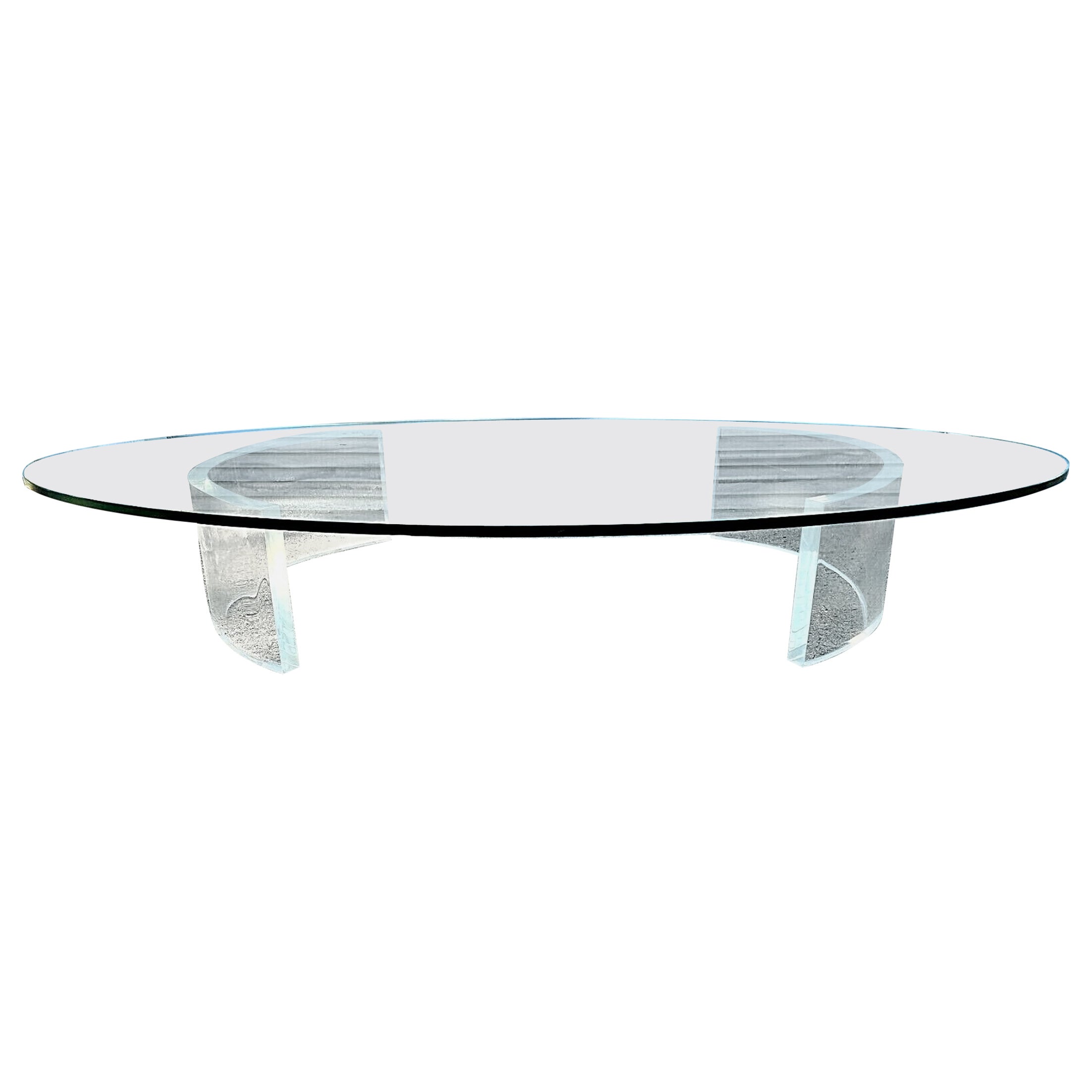 Huge 8 Foot Curved Lucite Pedestal & Oval Glass Coffee Cocktail Table