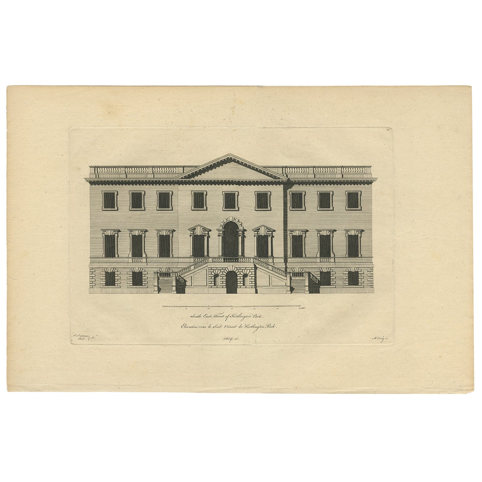 Antique Print of the South-East Facade of the Mansion at Kirtlington Park, c1770 For Sale