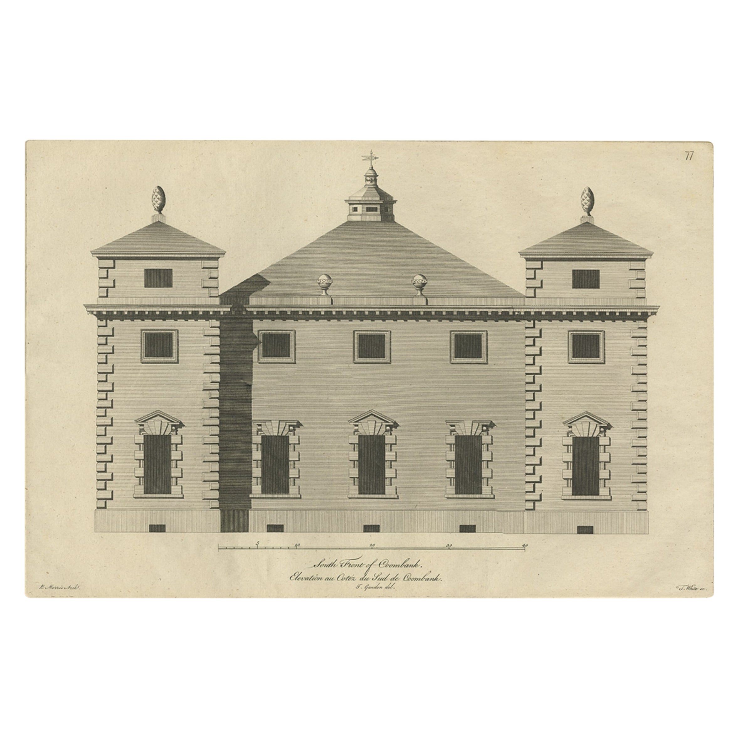 Antique Print of the Southern Facade of Coombank in Kent, England, c.1770