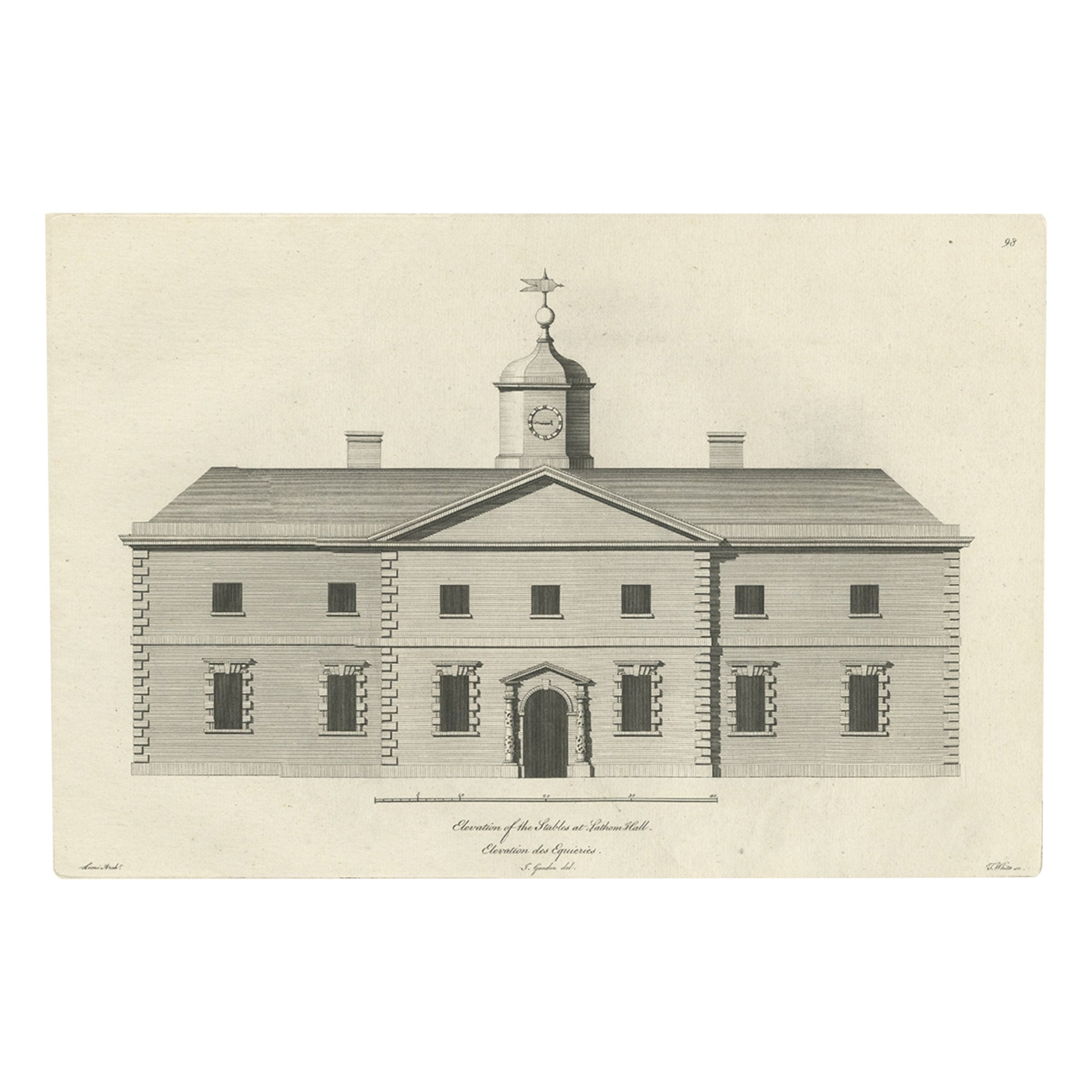 Antique Print of the Stables of Lathom House in Lancashire, England, c.1770