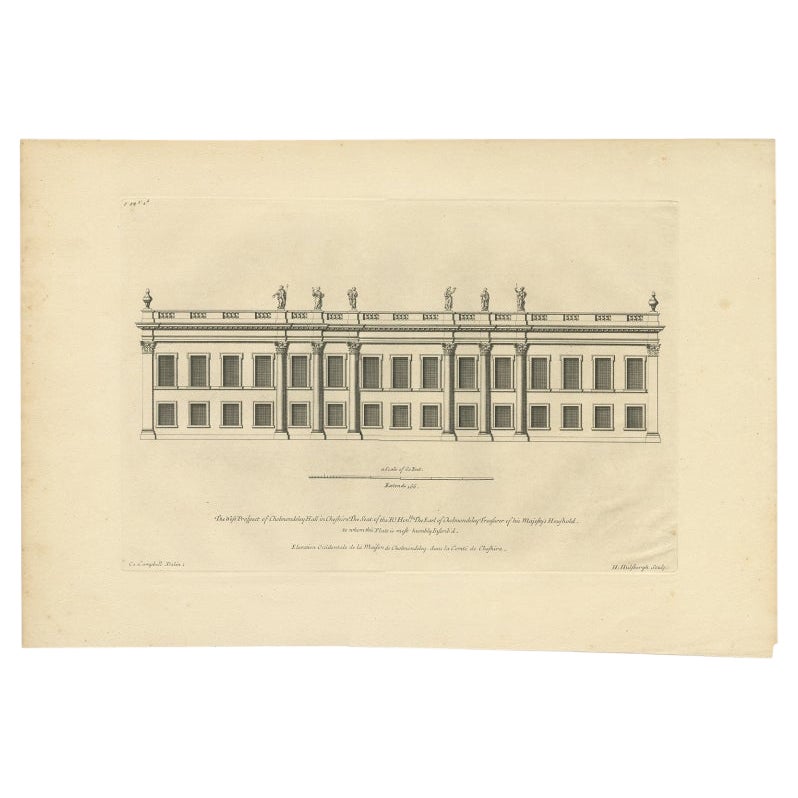 Antique Print of the West Front of Cholmondeley Hall by Campbell, 1717 For Sale