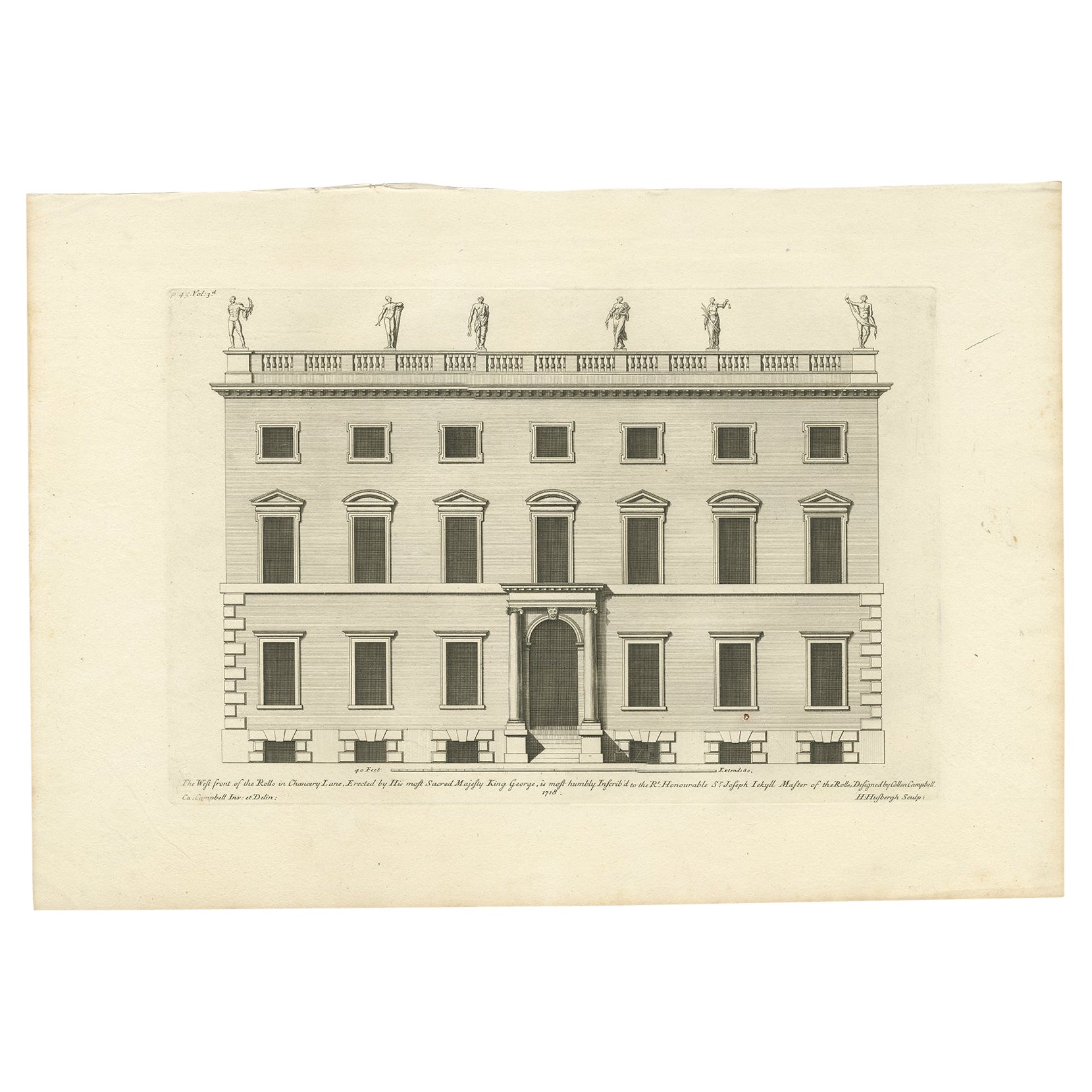 Antiker antiker Druck der West Front of Rolls House von Campbell, 1725