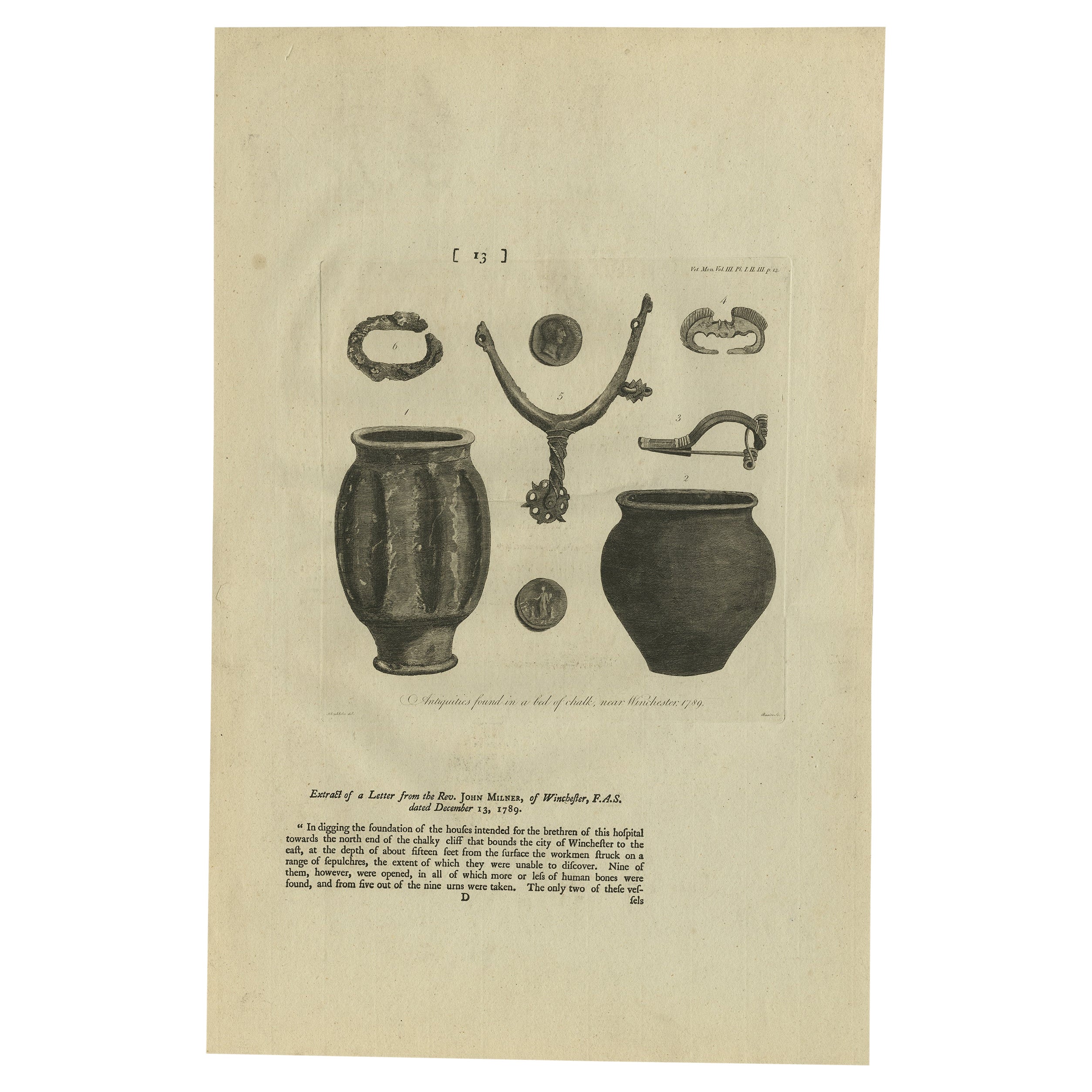 Antique print titled 'Antiquities found in a bed of chalk, near Winchester, 1789'. Antique print depicting antiquities found near Winchester. Artists and Engravers: Made by J. Basire after Schnebbelie.

Artist: Made by J. Basire after
