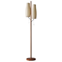 Swedish, Two-armed Floor Lamp, Teak, Fabric Lacquered Metal, Sweden, 1970s