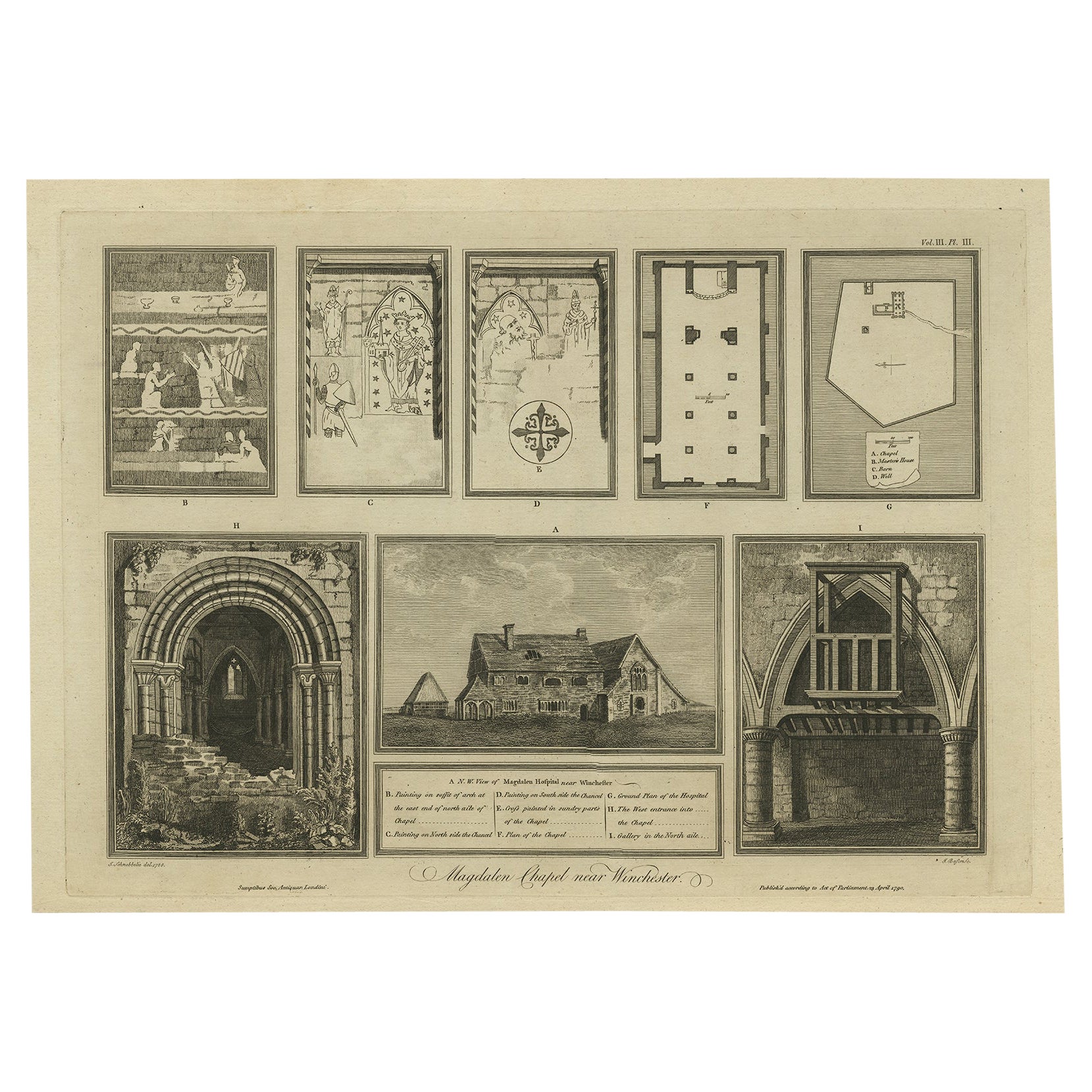 Impression ancienne d'origine de la chapelle Magdalen près de Winchester, Angleterre, 1790