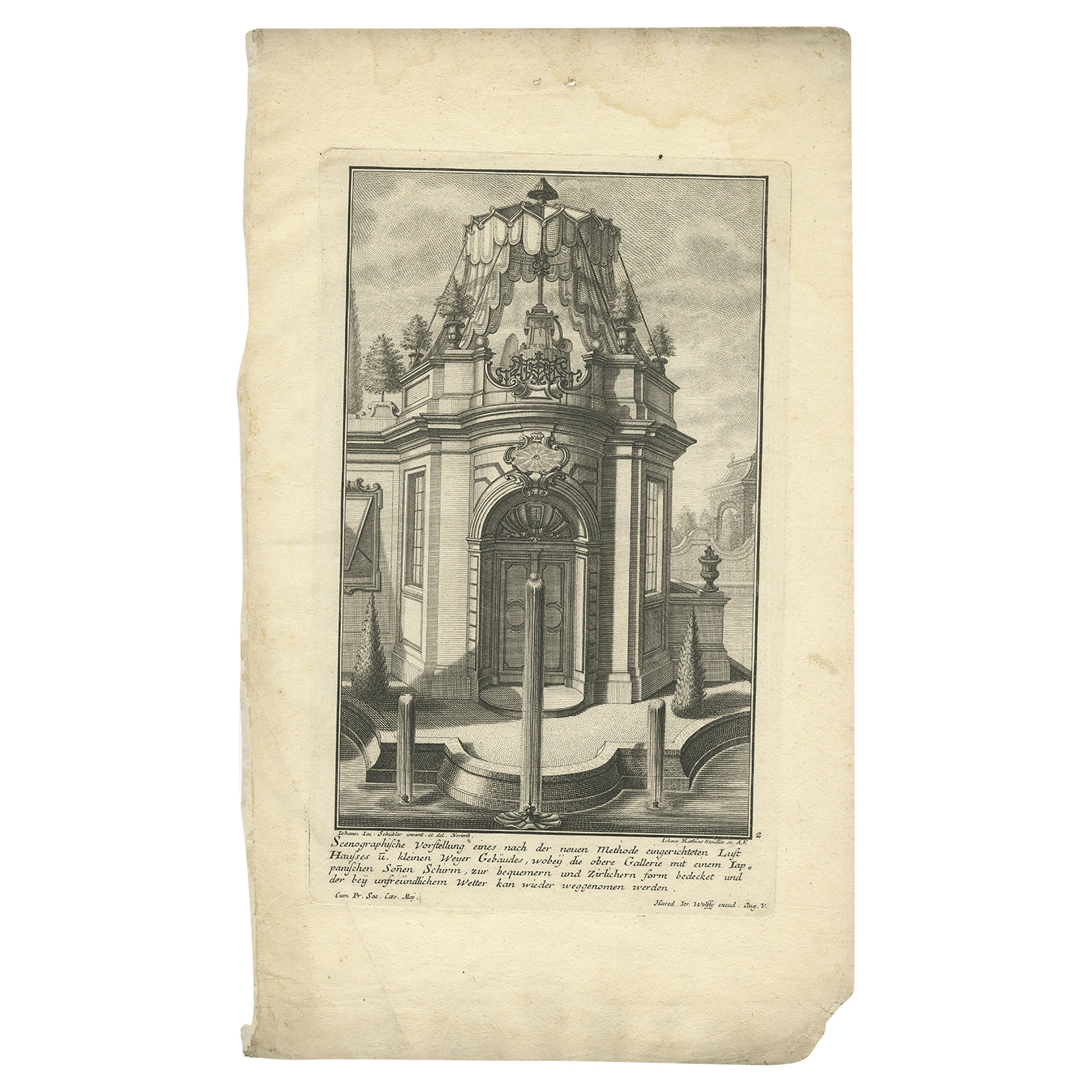 Pl. 2 Antique Print of a Garden Pavilion by Schübler, c.1724