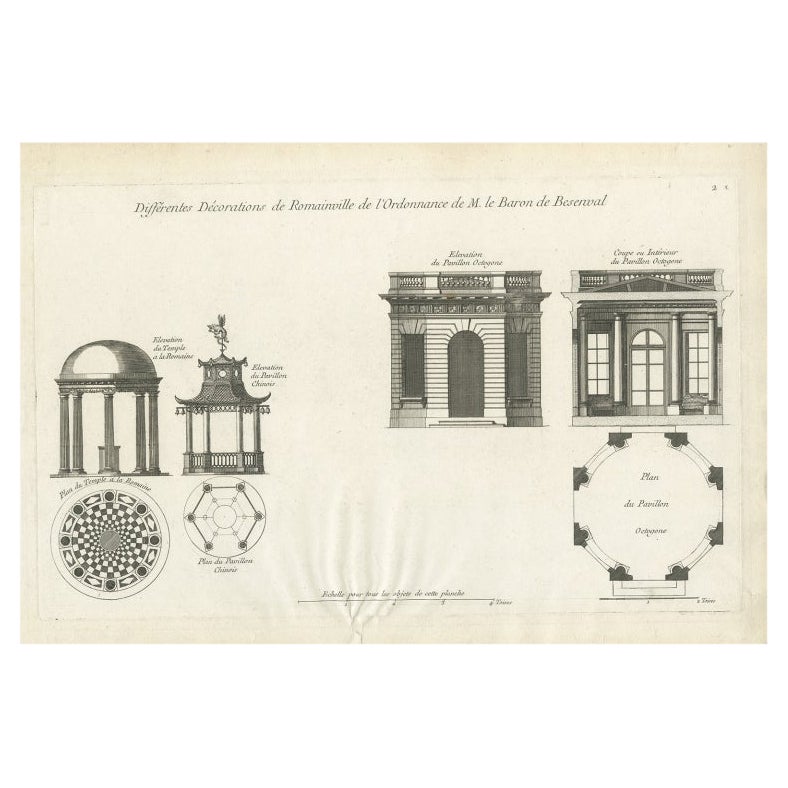 Pl. 2 Impression ancienne de décorations de pavillon par Le Rouge, vers 1785