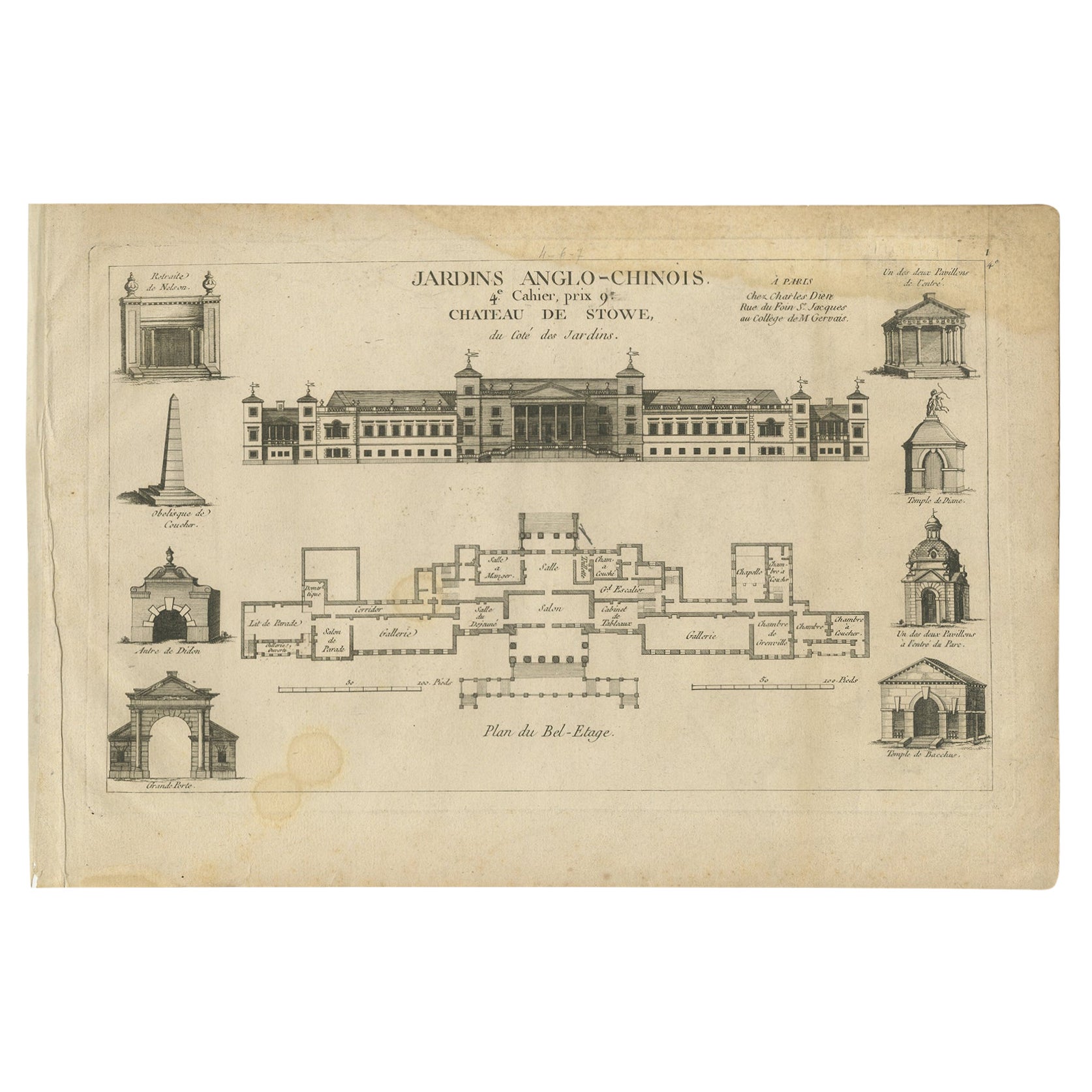 Pl. 1 Antique Print of the Stowe House by Le Rouge, 1776 For Sale