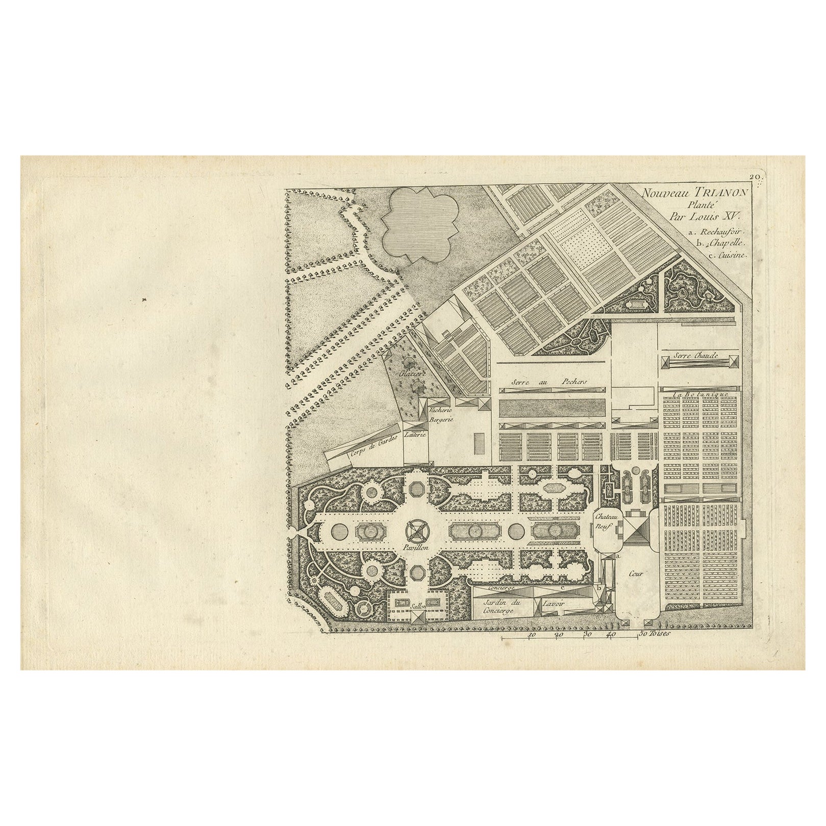 Pl. 20 Antique Print of a Garden Planted by Louis XV by Le Rouge, c.1785 For Sale