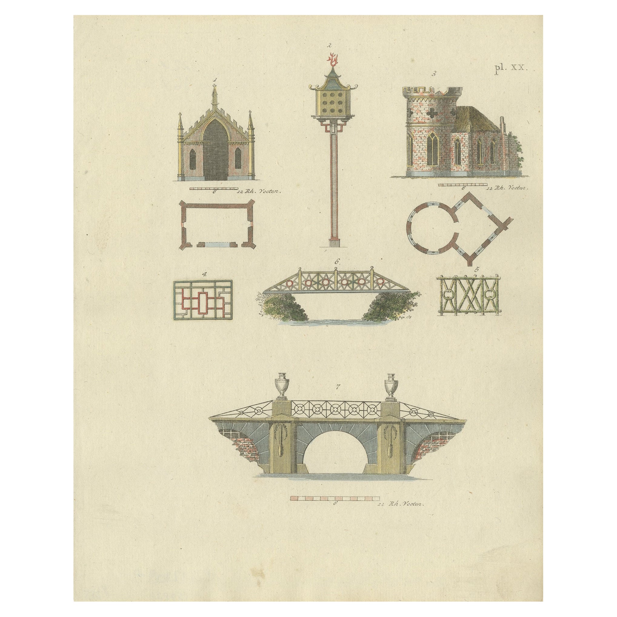 Decorative Antique Print of Garden Architecture by Van Laar, 1802 For Sale