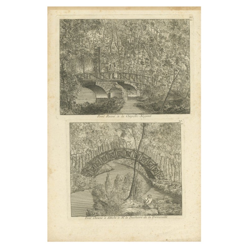 Pl. 20 Antique Print of the Bridge of Nogent Chapel and a Chinese Bridge by Le R