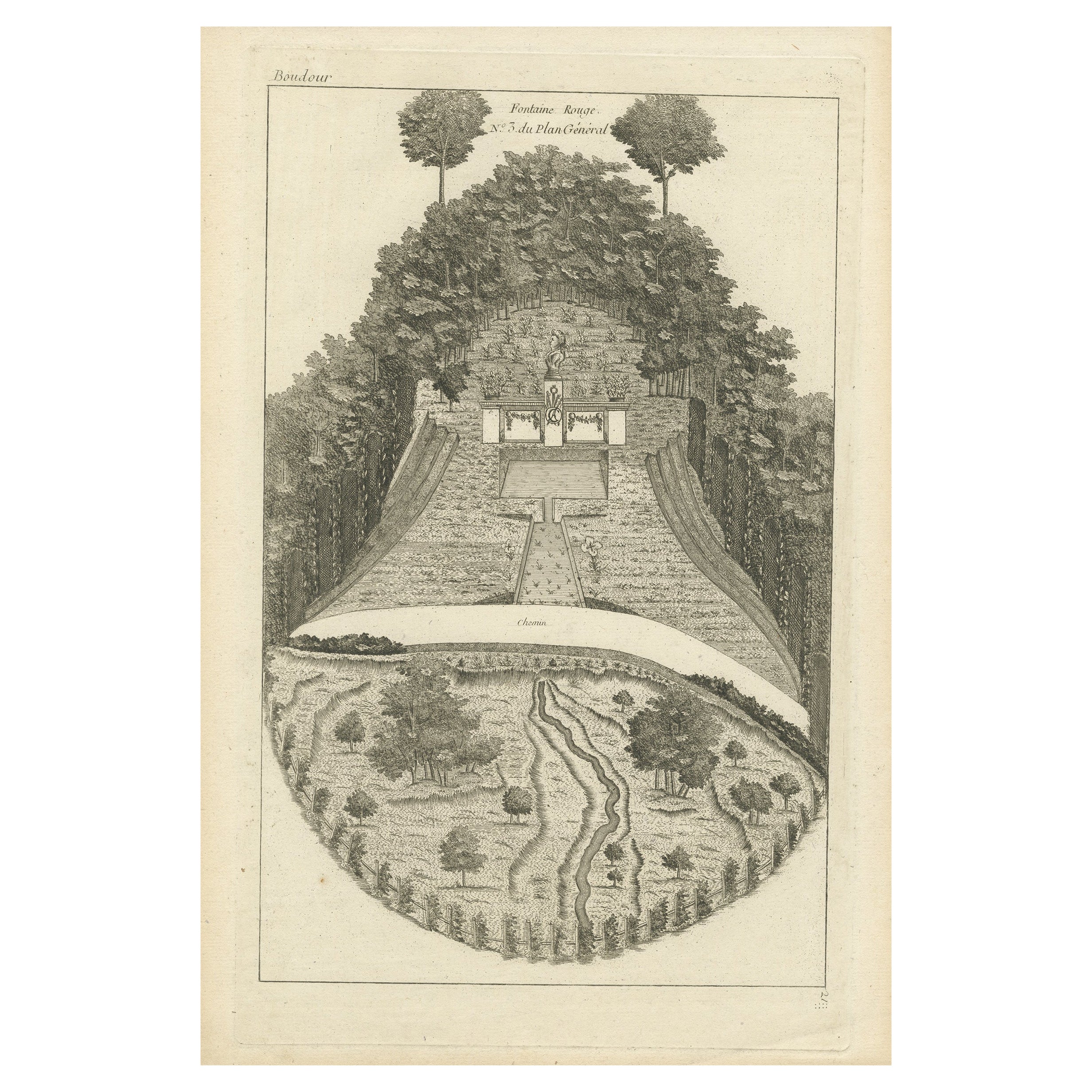 Pl. 21 Antique Print of a Garden Fountain by Le Rouge, c.1785 For Sale