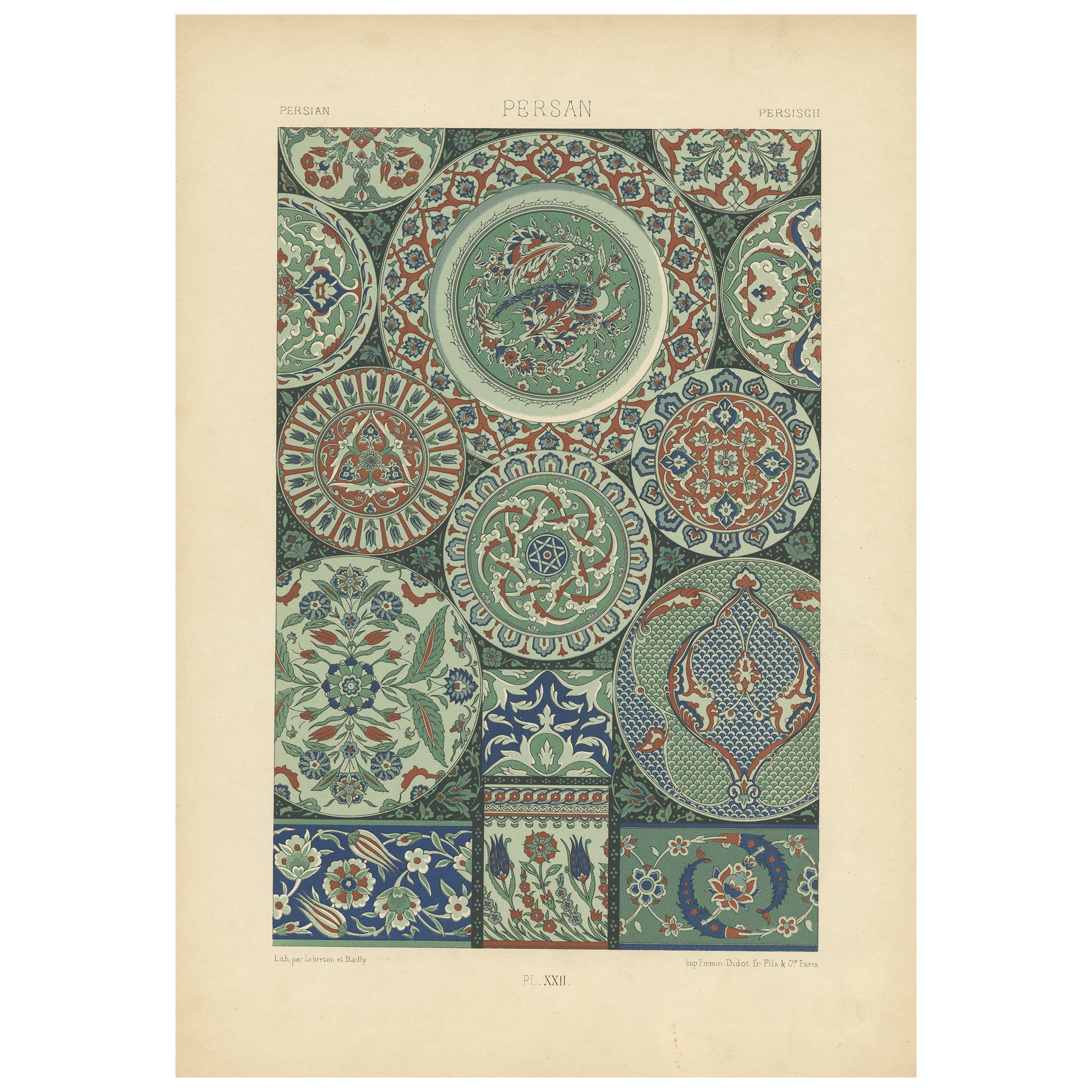 Original Antique Print of Persian Decorative Art, 1869