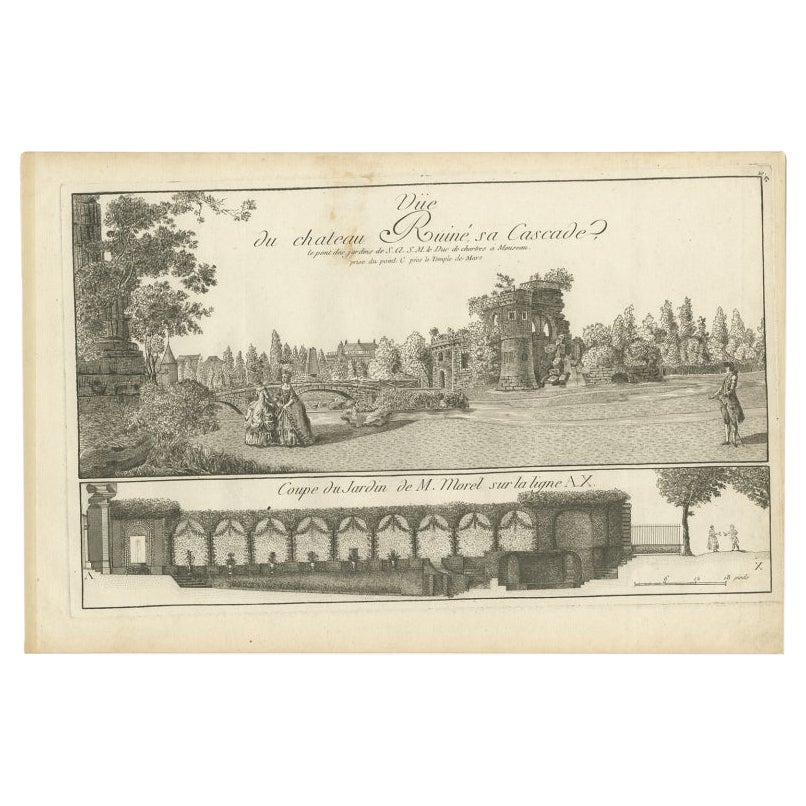 Pl. 10 Gravure ancienne d'un château et d'un jardin par Le Rouge, c.1785