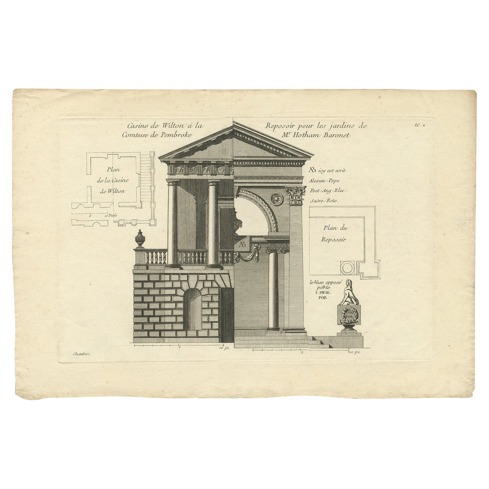 Pl. 10 Antiker Druck eines Garten Casinos und einespositors von Le Rouge, um 1785