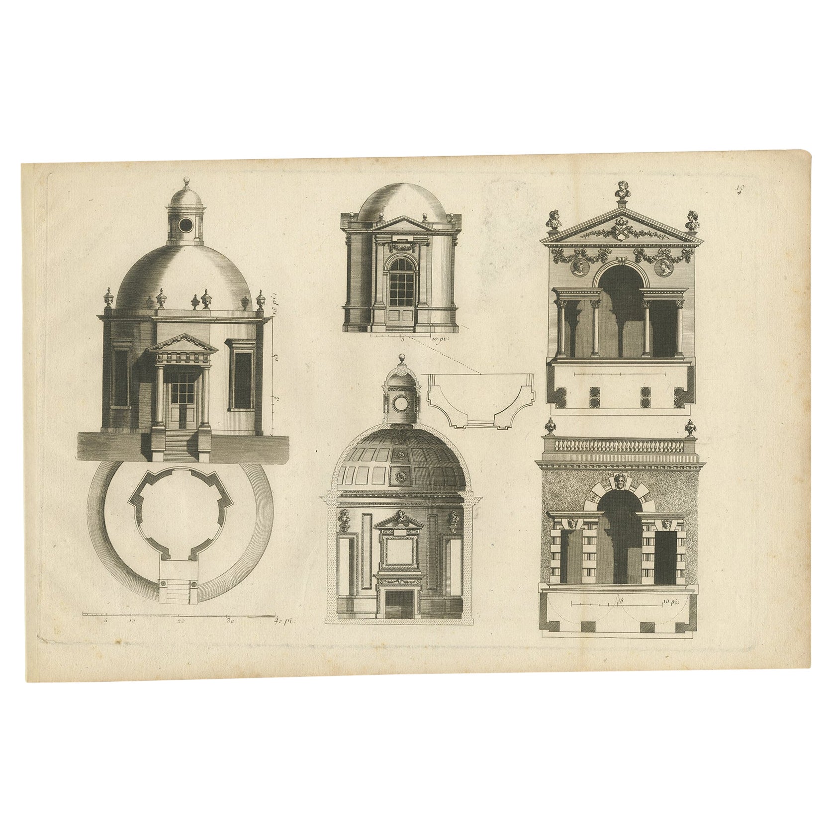 Pl. 10 Antique Print of various Garden Temples by Le Rouge, c.1785 For Sale