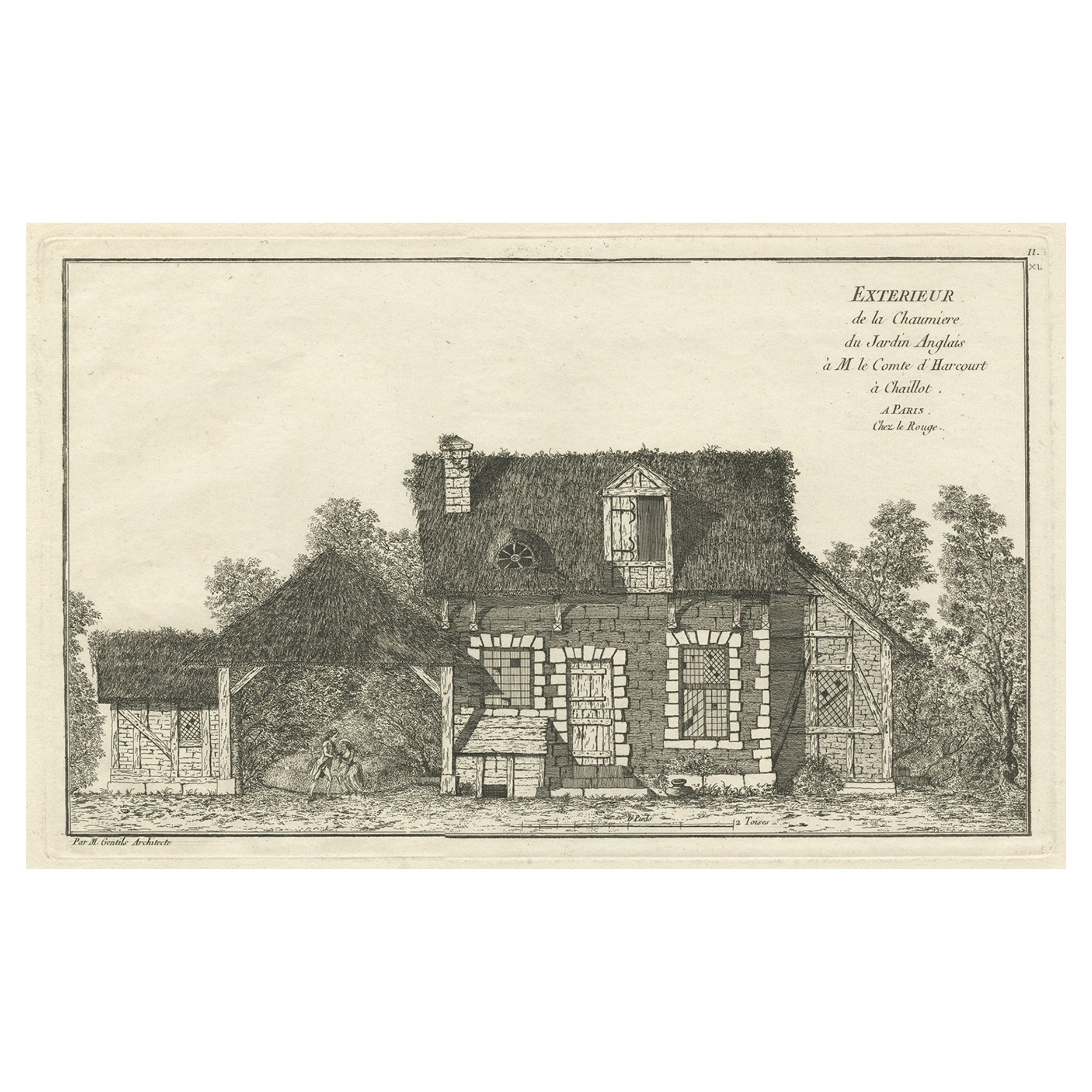Antique Print of a Cottage in an English Garden by Le Rouge, c.1785 For Sale