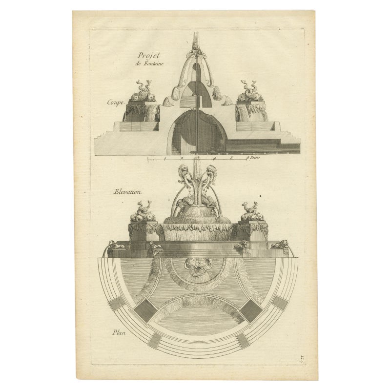 Pl. 11 Antique Print of Garden Fountains by Le Rouge, c.1785 For Sale