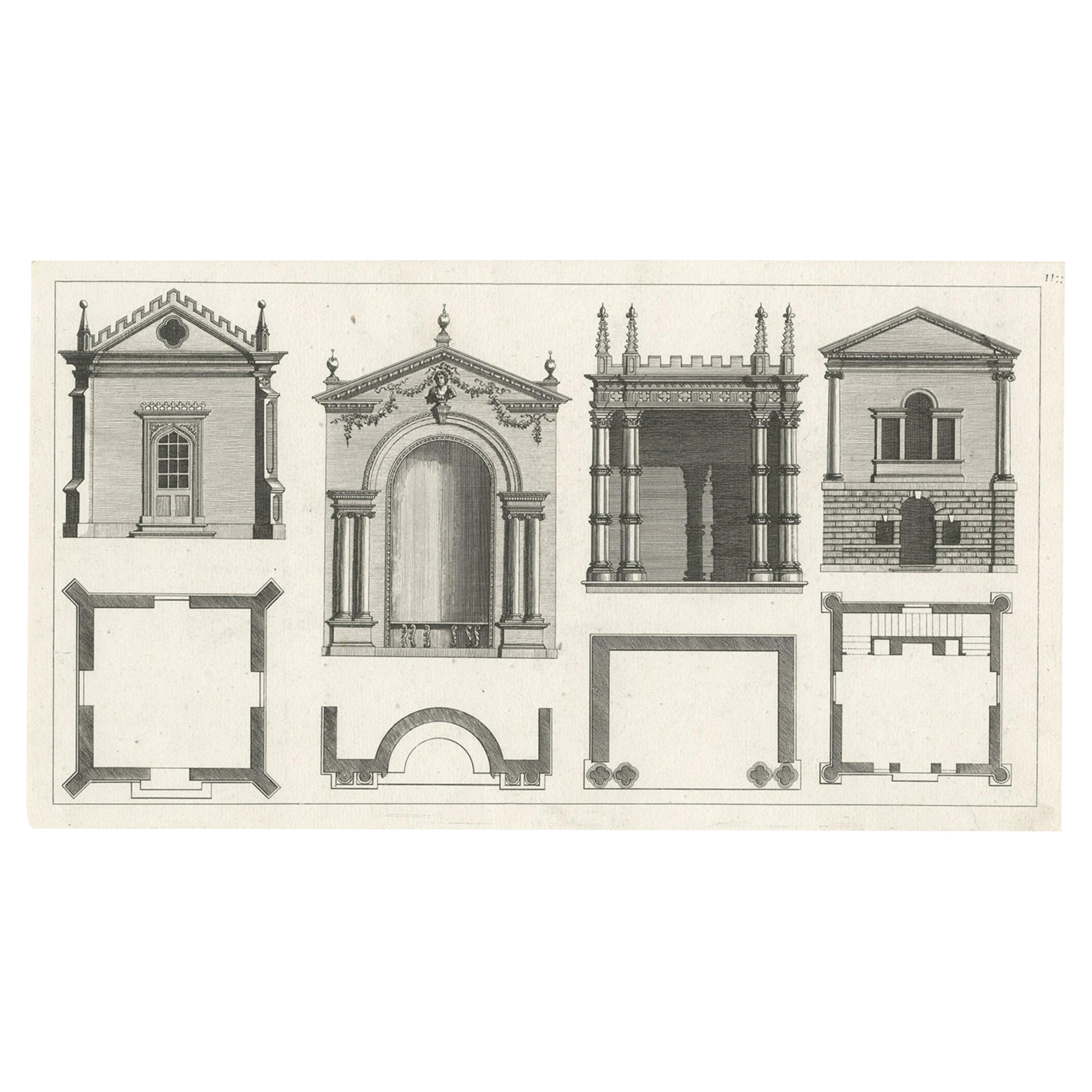 Antique Print of Various Designs for Garden Temples by Le Rouge, c.1785