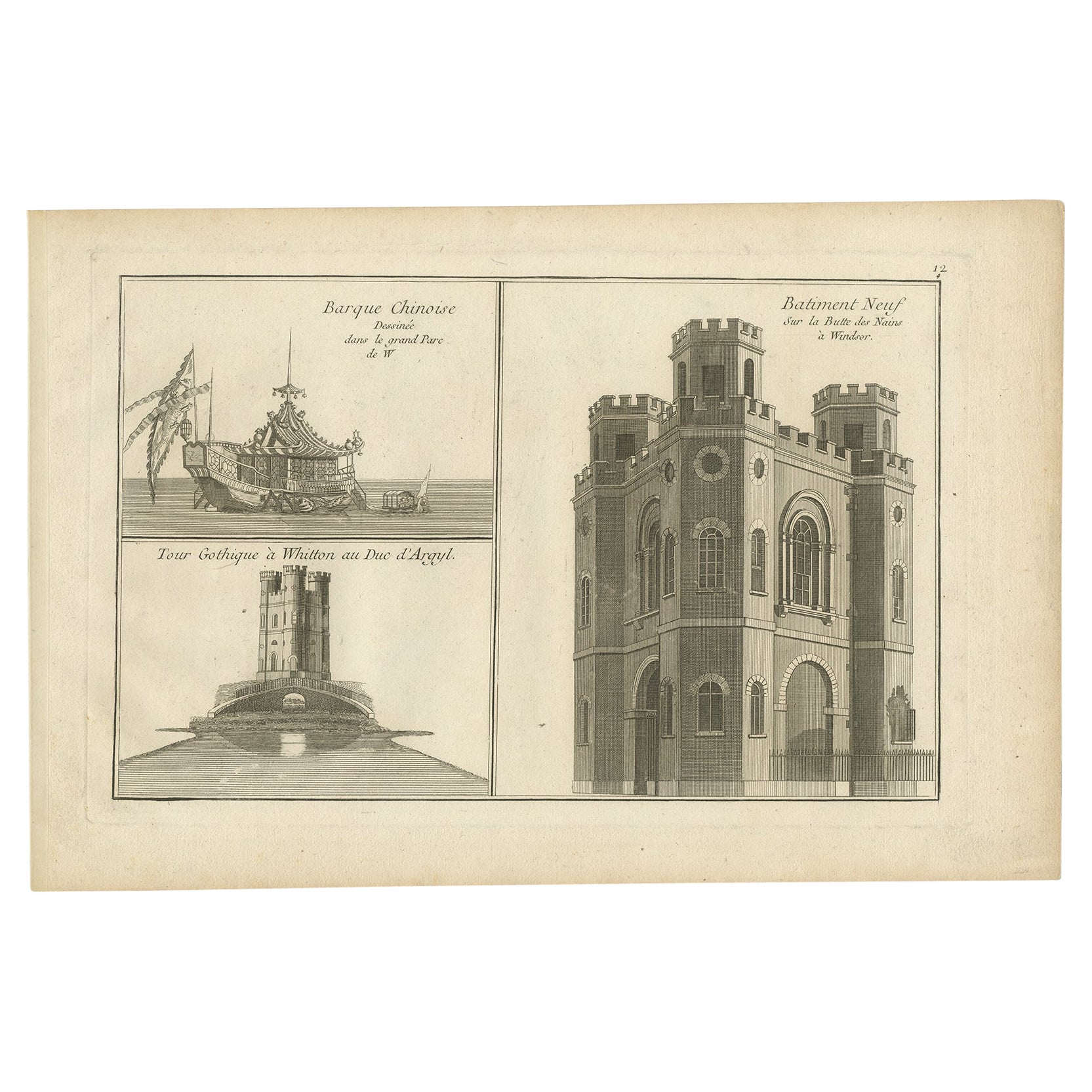 Pl. 12 Antique Print of a Chinese Boat, Gothic Tower and Other Building For Sale