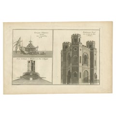 Pl. 12 Antique Print of a Chinese Boat, Gothic Tower and Other Building