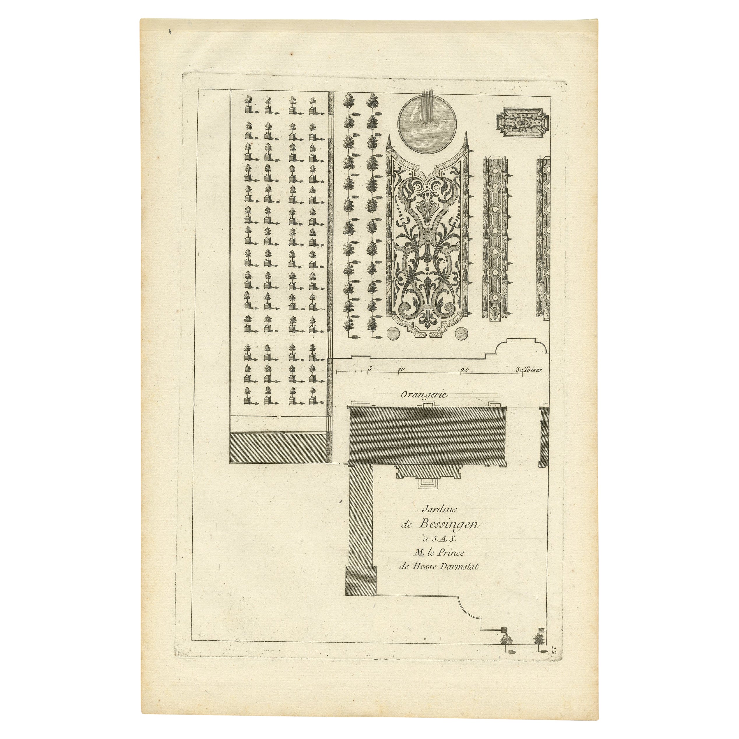 Pl. 12 Antique Print of an Orangery and Garden Plan by Le Rouge, c.1785 For Sale
