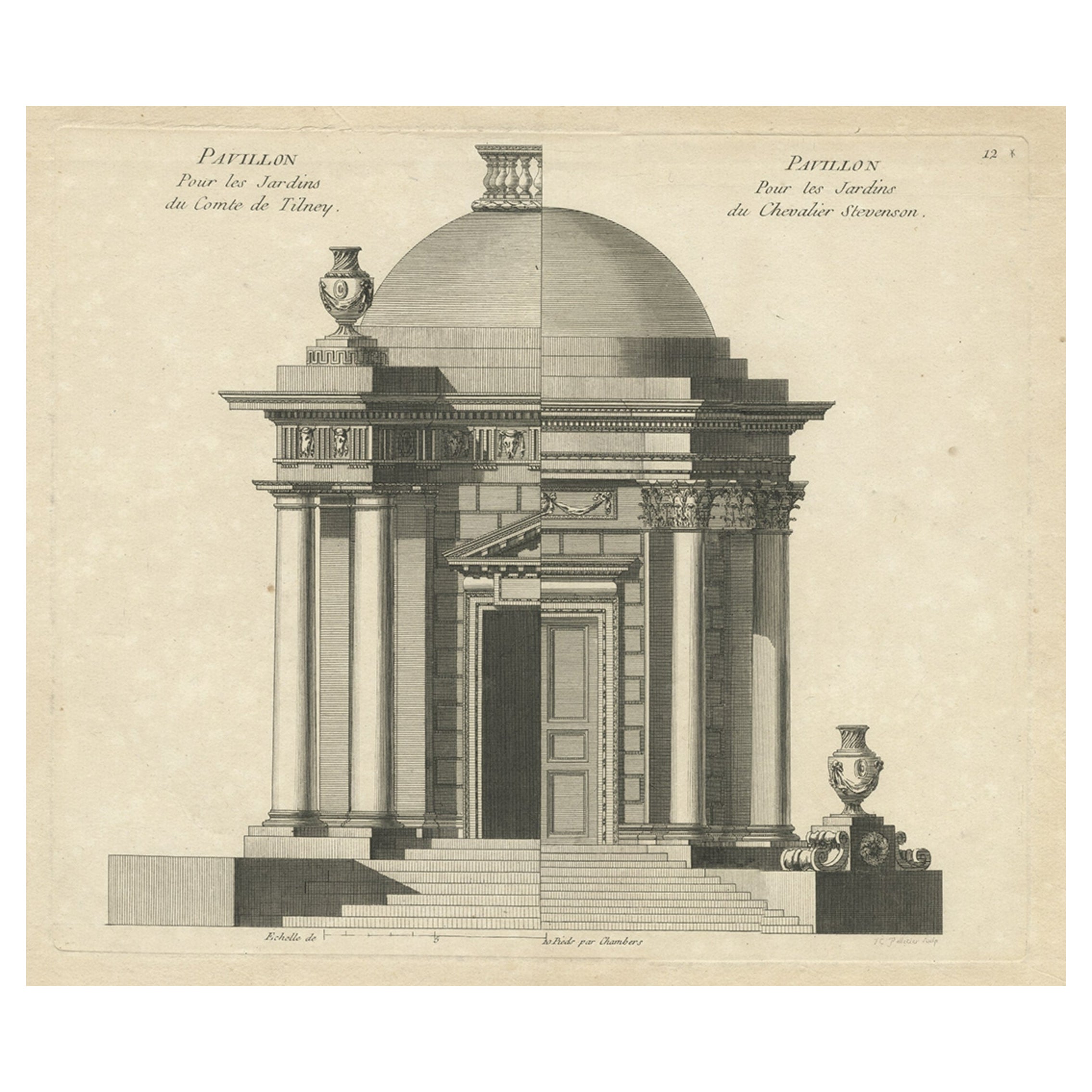 Stampa dei padiglioni del giardino del conte di Tilney e del cavaliere Stevenson, 1785 ca. in vendita