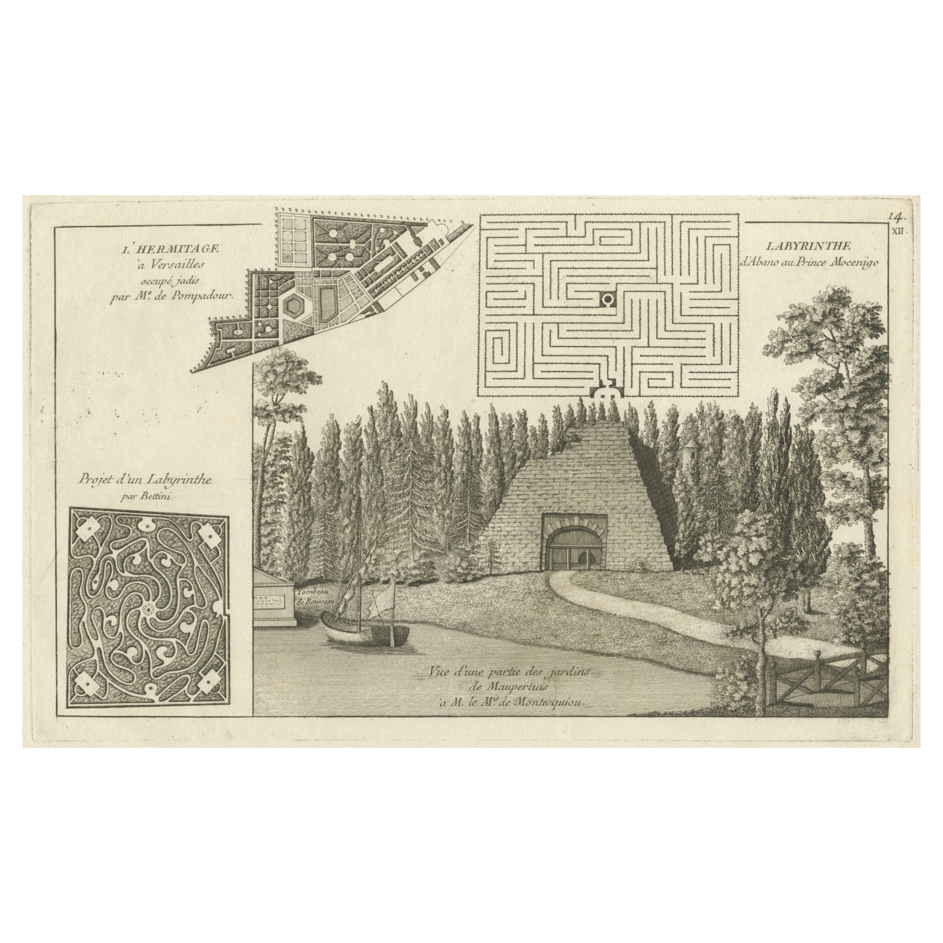 Antique Print of Labyrinth and the Hermitage of Versailles, France, 1776 For Sale