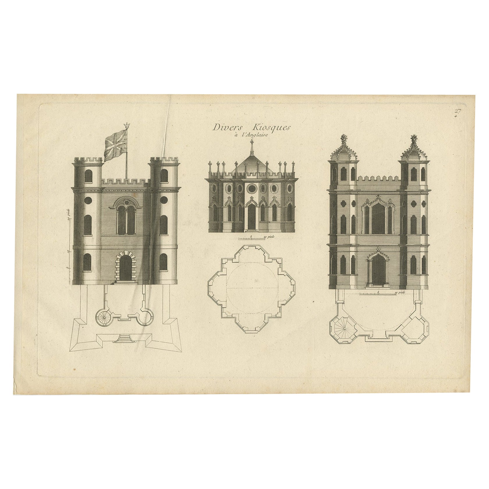 Impression ancienne en cuivre gravée de kiosques de jardin en Angleterre, vers 1785