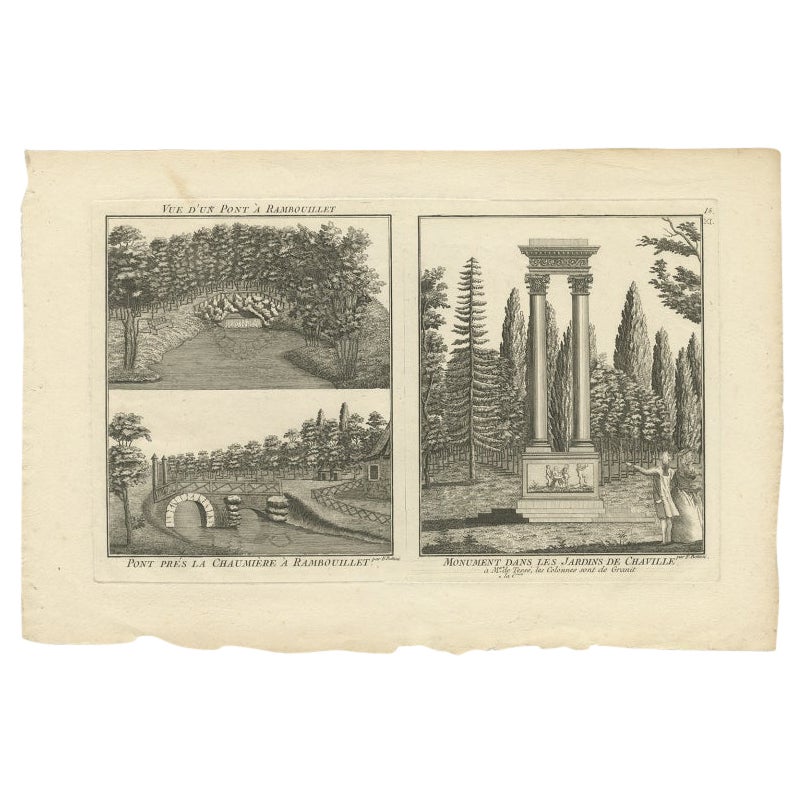 Pl. 15 Antique Print of Various Views of Rambouillet by Le Rouge, c.1785