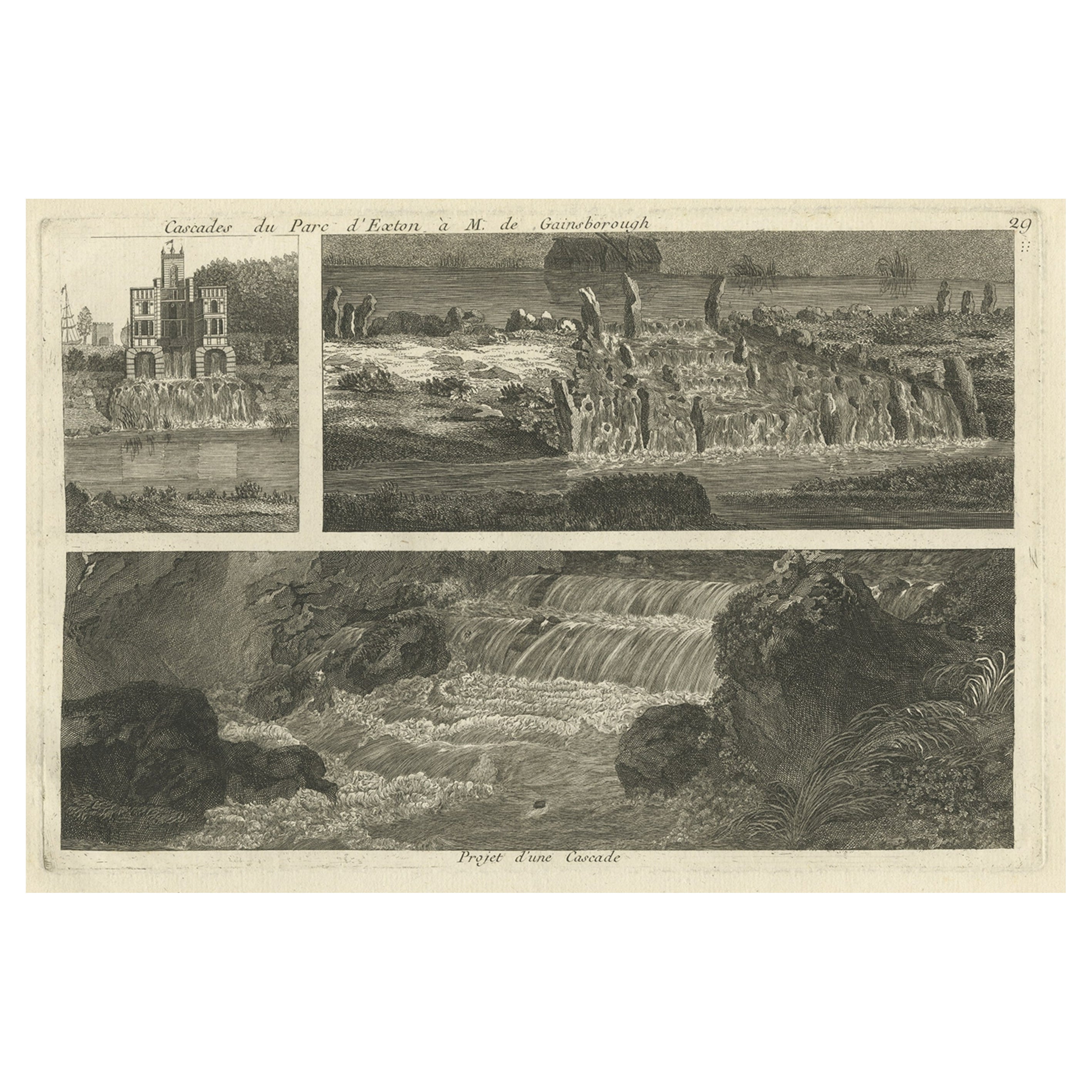 Antique Print of the Waterfalls of Exton Park, England, c.1785 For Sale