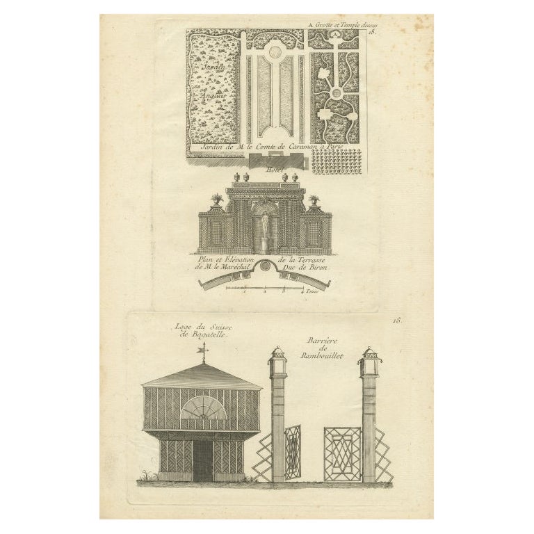 Pl. 18 Antique Print of Various Garden Elements by Le Rouge, c.1785