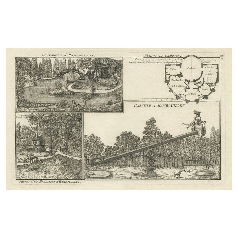 Antique Print of Various Views of Rambouillet Near Paris, France, c ...