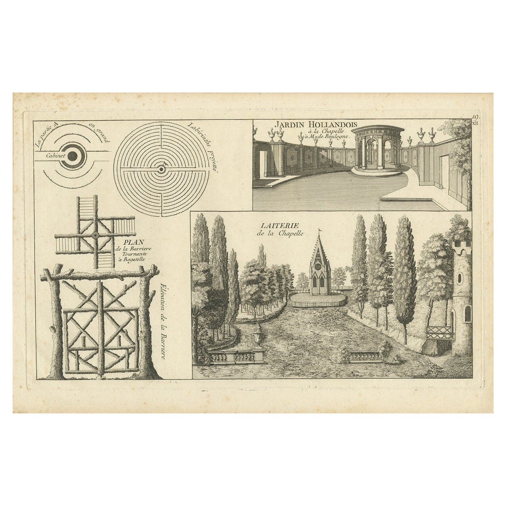 Pl. 19, Antiker Druck niederländischer Gartenelemente von Le Rouge, um 1785 im Angebot